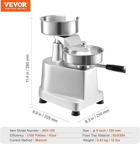 Miniatura 7 de VEVOR Máquina comercial de hamburguesas para hamburguesas, 5.118 in5 pulgadas, máquina de prensa de hamburguesas de acero inoxidable de grado