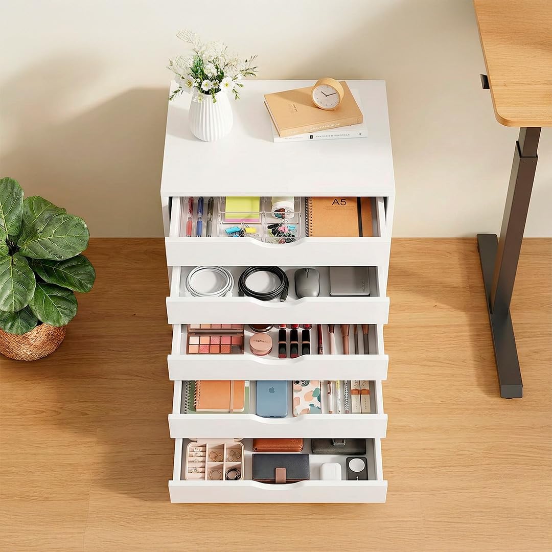 Marctani Cajonera Escritorio Blanca con 5 Cajones y Ruedas, Mueble Archivador Oficina de Madera para debajo de Mesa, Cajonera Pequeña y Estrecha (Fondo 30cm), Mueble Impresora con Ruedas