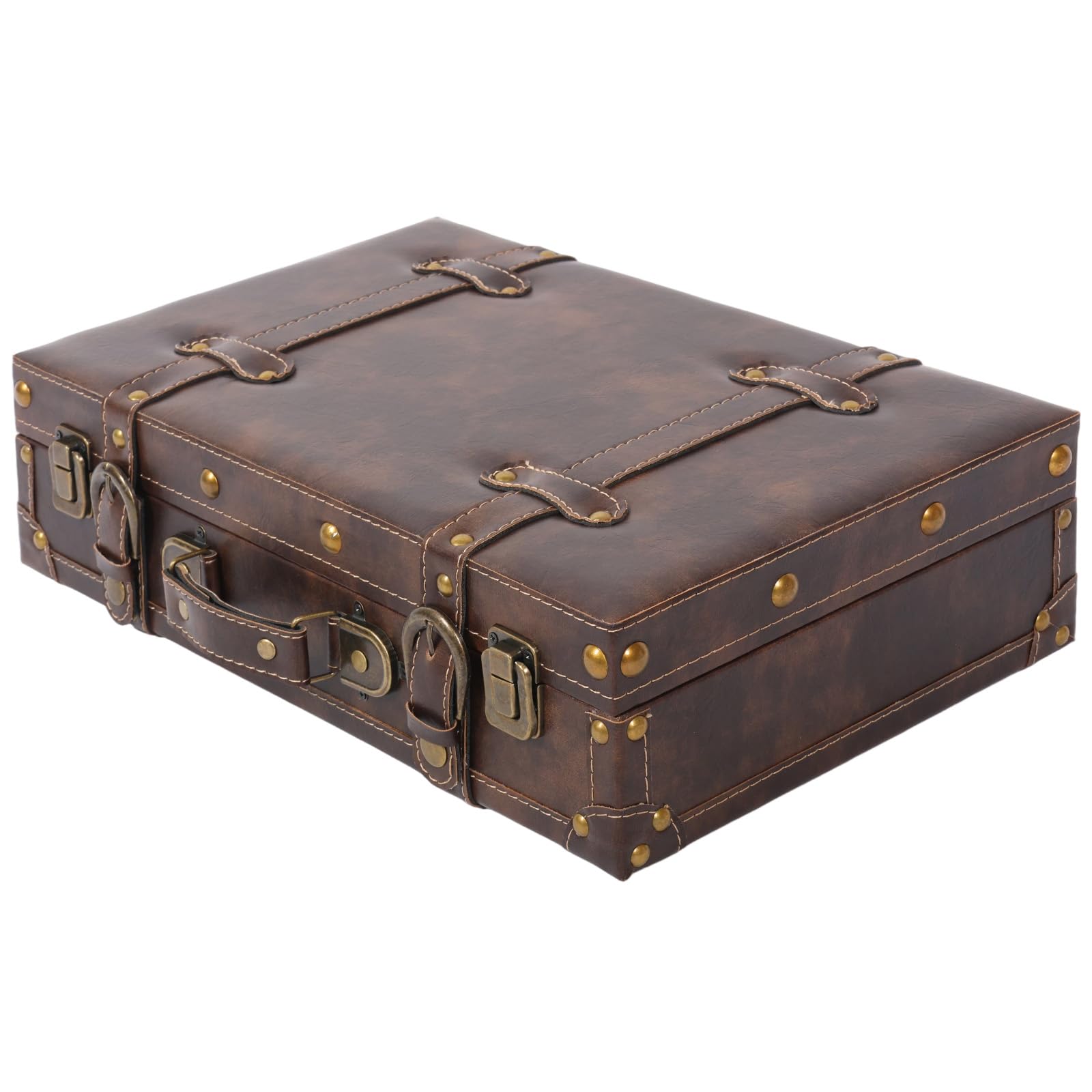 BOBASH Vintage Decorative Suitcase Made of Wood, Retro Storage Box with Lid PU Leather Handle Antique Wooden Trunk Treasure Chest for Wedding Photography Props and Home Decor 40.5 x 25.5 x 10.7 cm