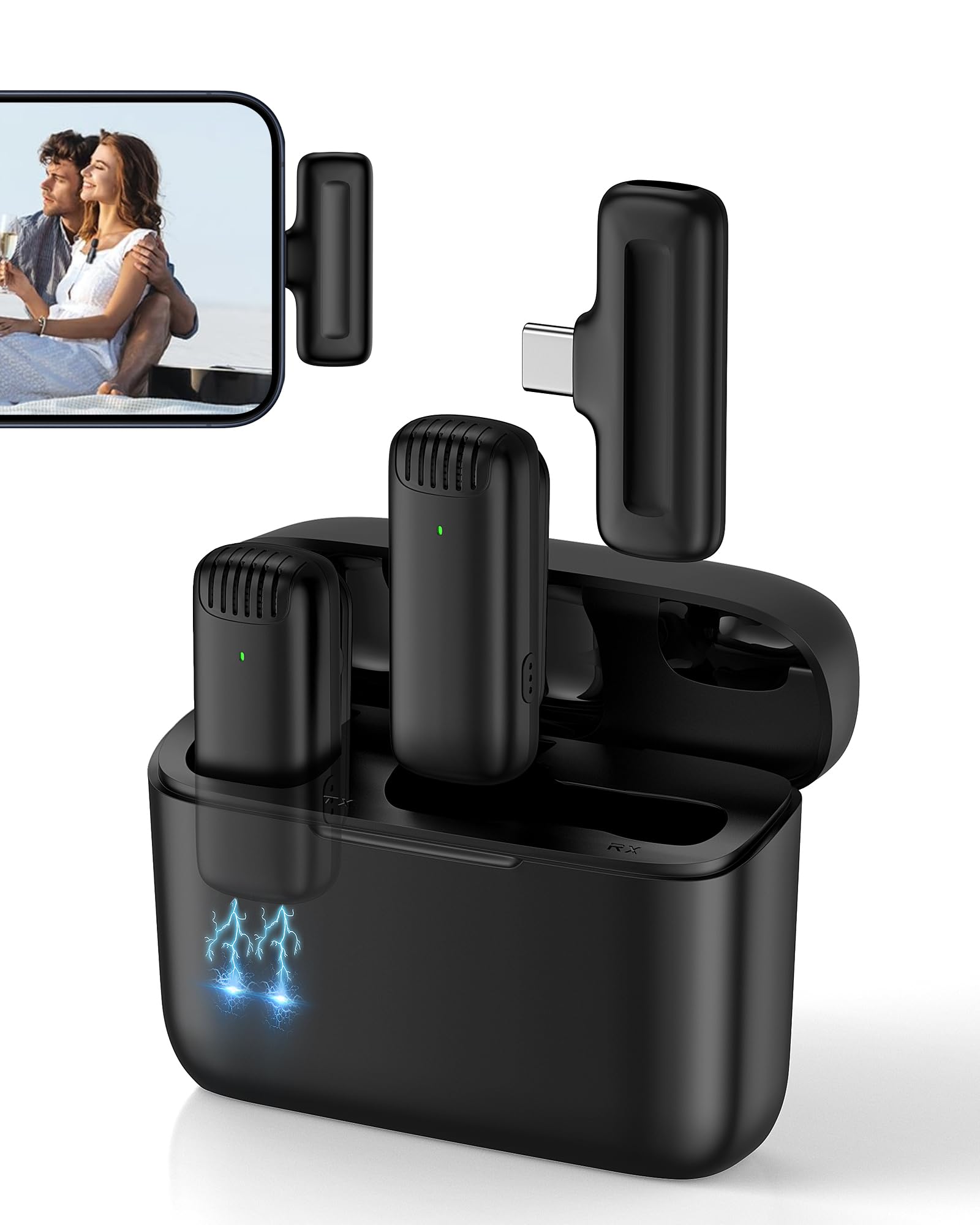 2Pcs Mini Wireless Microphone USB C Lavalier Mic for iPhone 16 15 Series, Lapel Type C Microfono para Android Phone with Charging Case 48H Lav Mics Plug&Play for Video Recording Vlog Podcast YouTube