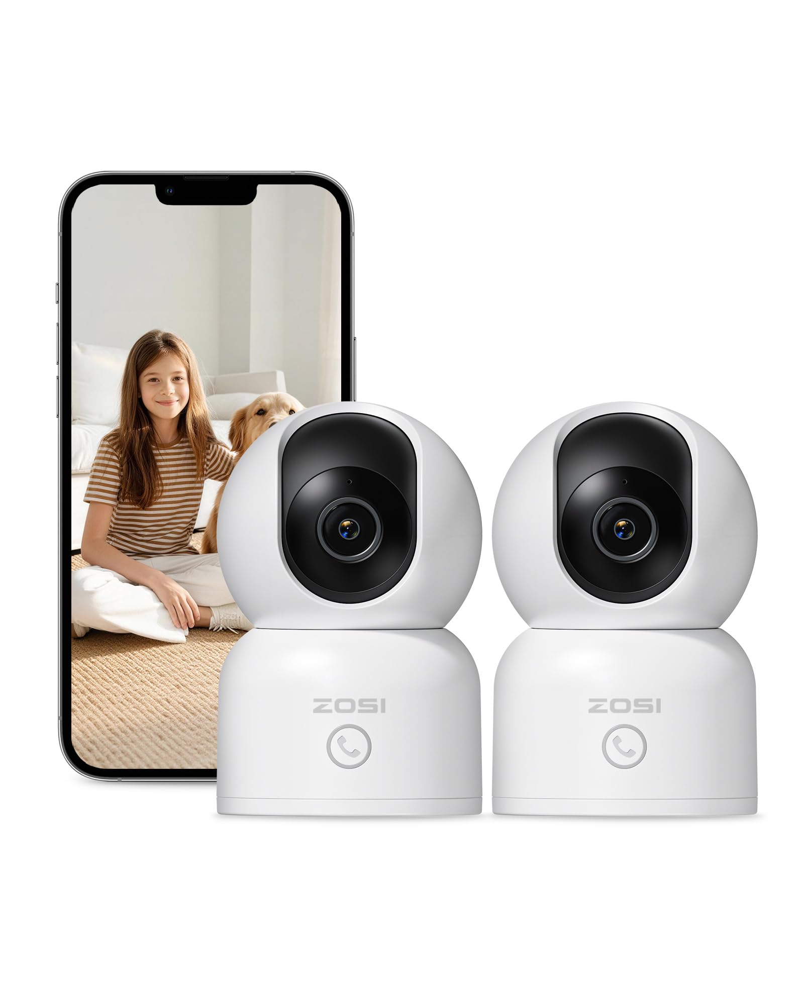 ZOSI 2MP Telecamera Interna WiFi, Visione Notturna, Rilevamento del Movimento, Doppia Banda 2,4/5 GHz, Audio a 2 Vie, Riconoscimento Facciale AI, Chiamata One Touch, 2 Pezzi C518