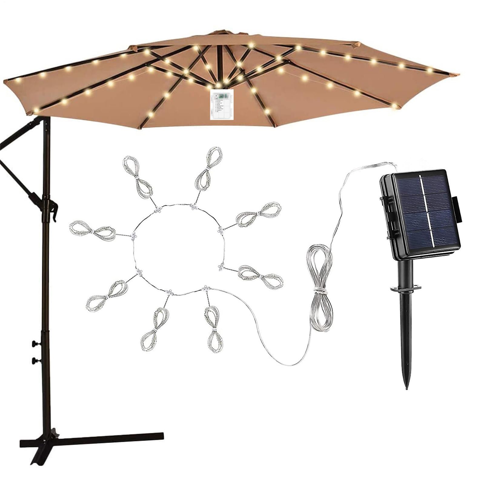 Hobngmuc Patio Umbrella Light, Solar Powered Parasol Lights with 104 LED Parasol String Light, 8 Modes IP67 Waterproof Outdoor Garden Lights for Patio Camping Tents Coffee Shop (Warm White)