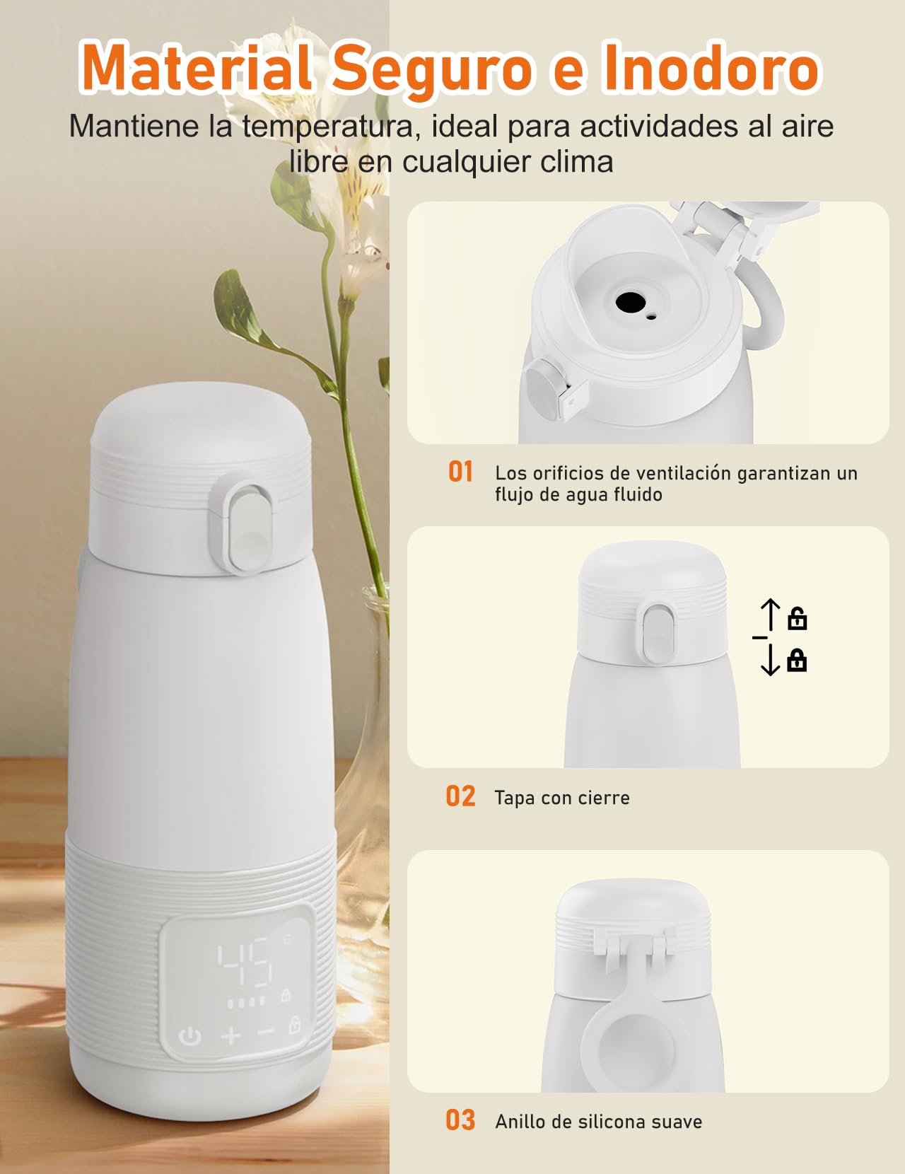 Calientabiberones Portátil, Calientabiberones Bebé de Viaje, 500 ml | Control Preciso de la Temperatura 37 a 55 Grados Ajustable para la Alimentación Nocturna de Viaje