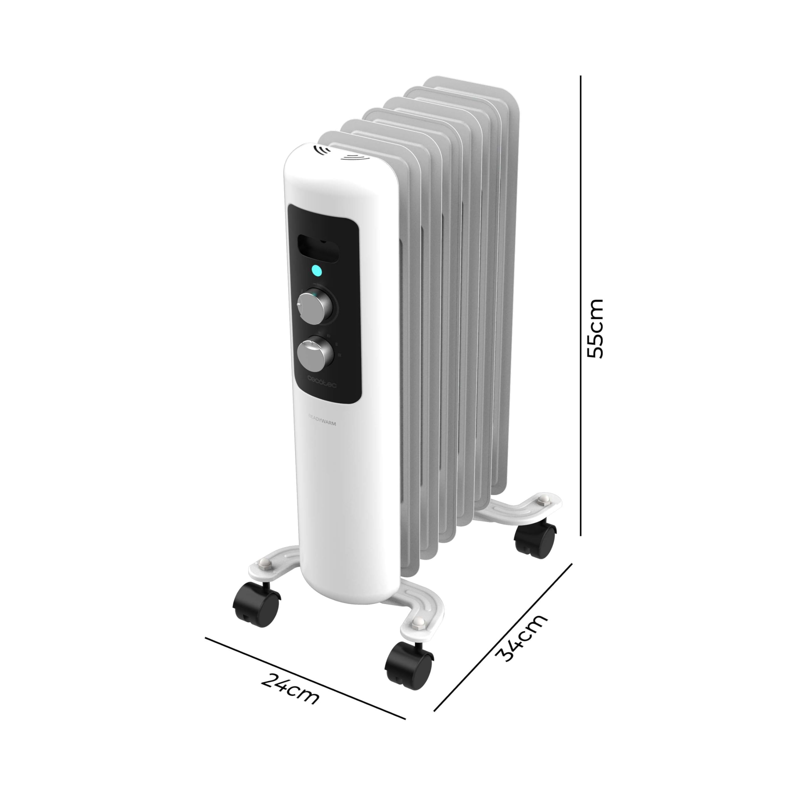 Cecotec Radiateur à huile Readywarm 750 Space White, 1500 W, chauffe jusqu'à 15 m² Thermostat réglable, technologie Heat Space, Transport facile avec Easygo. Idéal pour les petits espaces