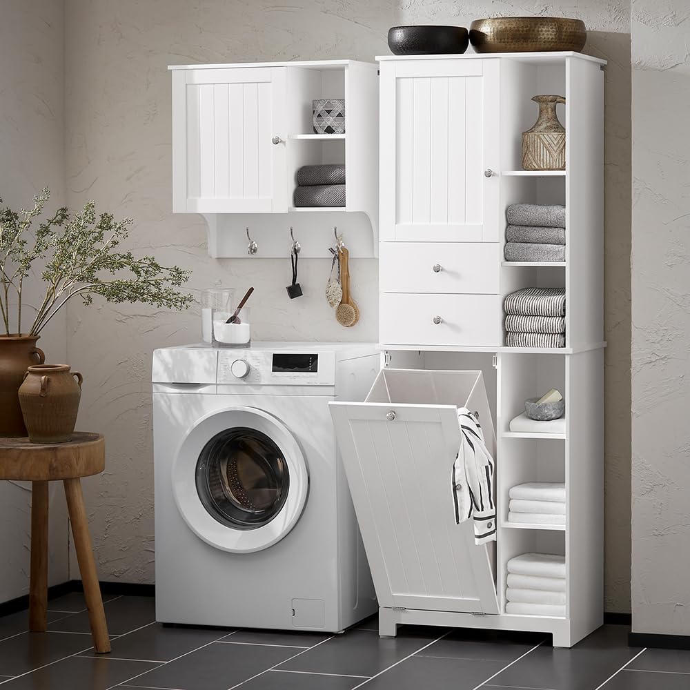 SoBuy Mobile Bagno con Cesto per Linge Mobile Rangemento Alto Armadio Bagno con 6 Ripiani e 2 Cassetti Mobiletto Salvaspazio Bianco 60x37x171 cm BZR104-W