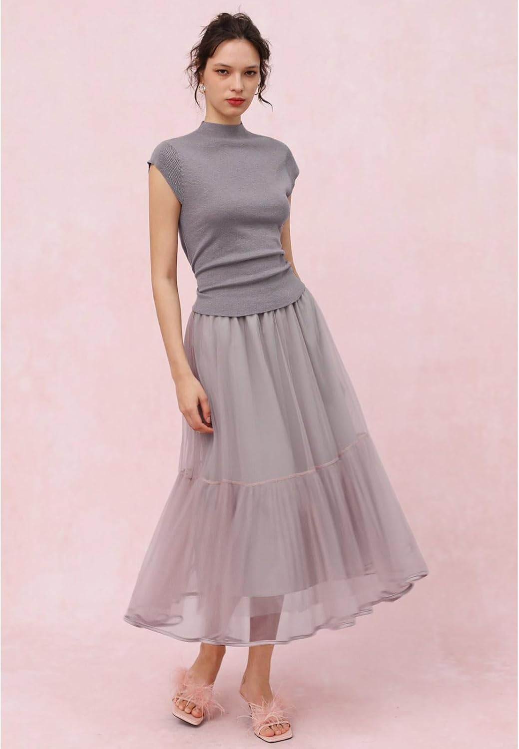 CHICWISH Women Mesh Tulle Midi Skirt Piping Hem Elastic High Waist Flowy A-Line Double-Layered Pink Skirts - Image 6