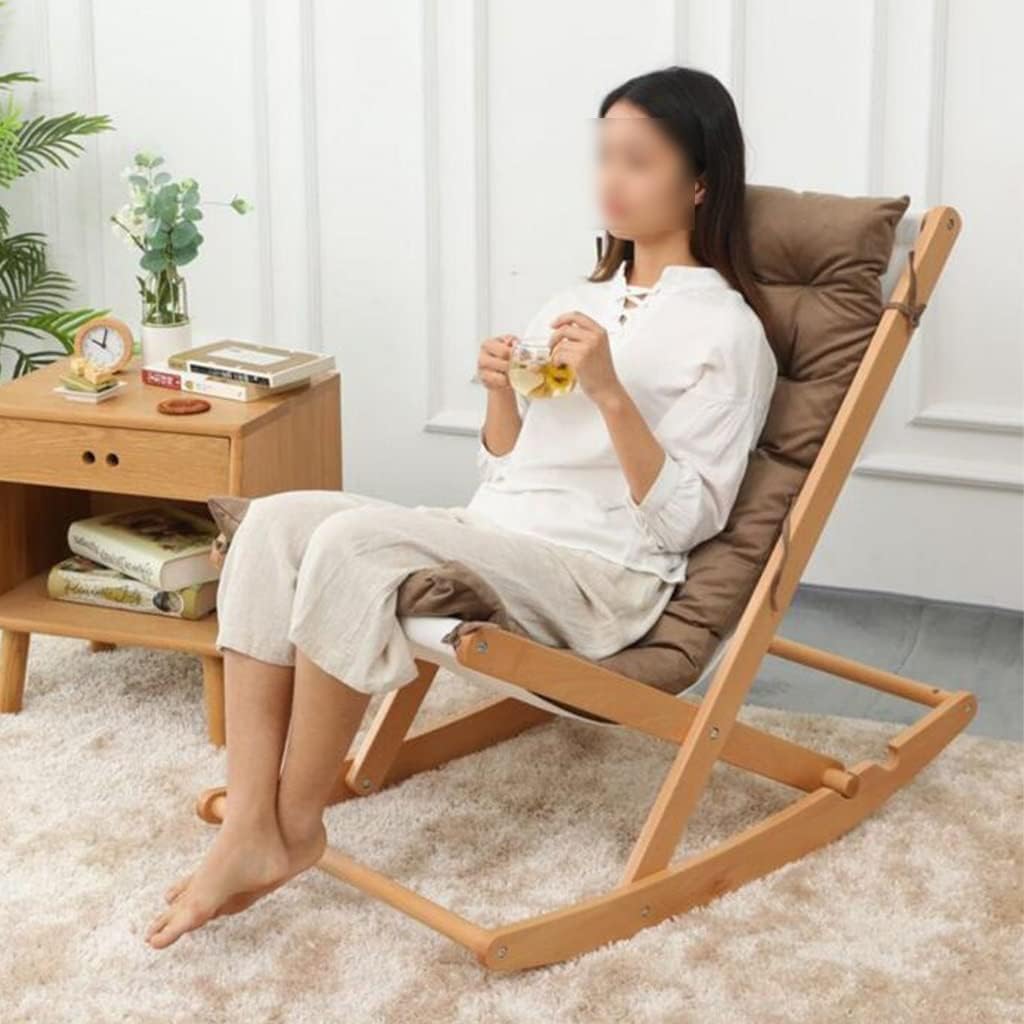 Rocking Lawn Chairs Foldable, Recliner Chair for Living Room, Wooden Frame Modern Accent Chair Reclining Patio Lounger Chair with Cushions Single Leisure Chair for Yard Beach (Color : Brown)