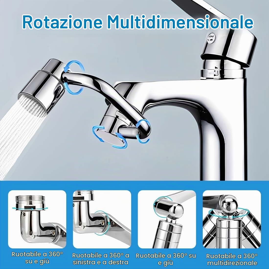 Rubinetto Rotante 1080 Gradi, Prolunga Rubinetto Allungabile con Rotazione, Snodo per Estensione Lavandino Cucina in Ottone, Areatore Rompigetto con Filtro Antispruzzo, Con chiave inglese