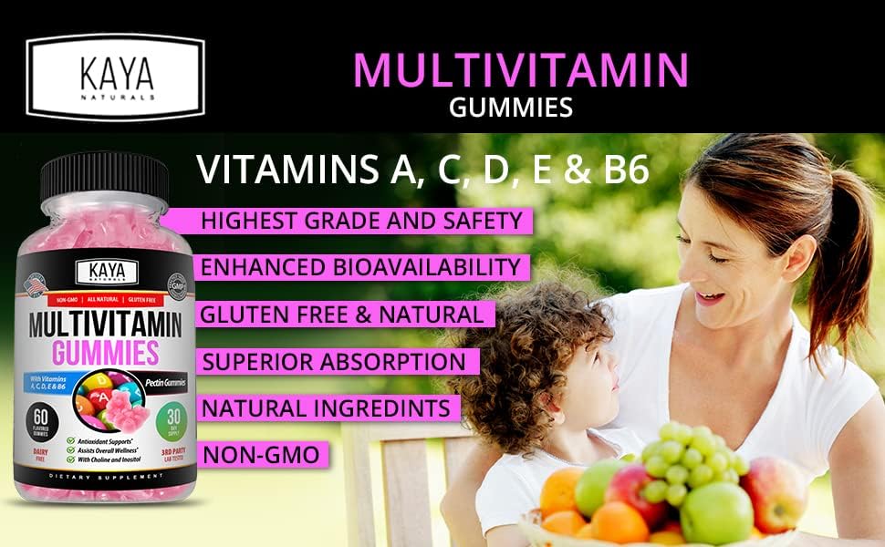 Kaya Naturals Adult Multi Vitamin Gummy, Biotin, Vitamin A, C & E, Including Zinc &Vitamin B-12, Folic Acid, Strawberry Flavor | Gluten-Free multivitamins Sweet Adult Gummies - 60 Gummies