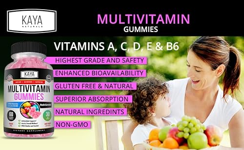 Kaya Naturals Adult Multi Vitamin Gummy, Biotin, Vitamin A, C & E, Including Zinc &Vitamin B-12, Folic Acid, Strawberry Flavor | Gluten-Free Multivitamins Sweet Adult Gummies - 60 Gummies #TOP4