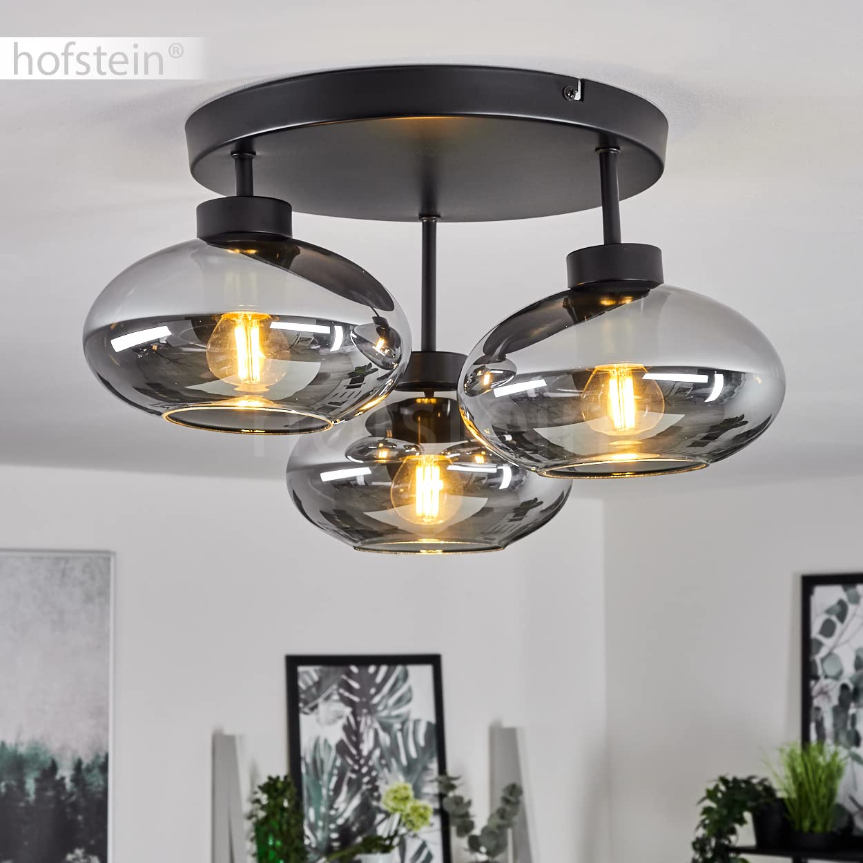Lampada da soffitto Haikala, lampada da soffitto in metallo/vetro in nero/fumo, lampada retrò/vintage, 3 x E27, paralumi in vetro fumé, senza lampadina/e