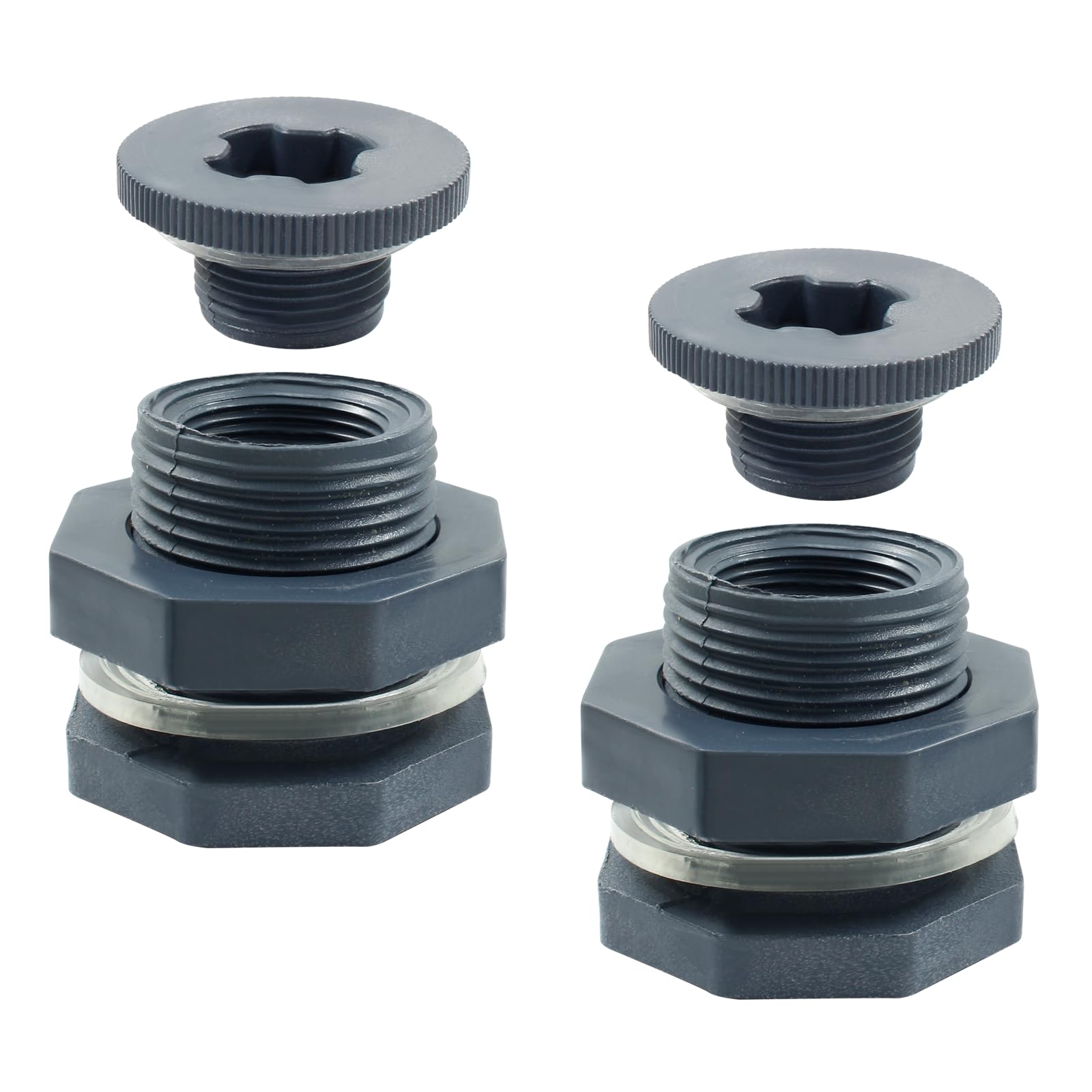 Suiwotin 2pcs NPT3/4 PVC Bulkhead Fitting with Plugs, 3/4 Inch Plastic Water Tank Connector Threaded Thru-Bulk Pipe Fittings for Rain Barrels, Aquariums, Bucket Hose Adapter, Ponds, Pools