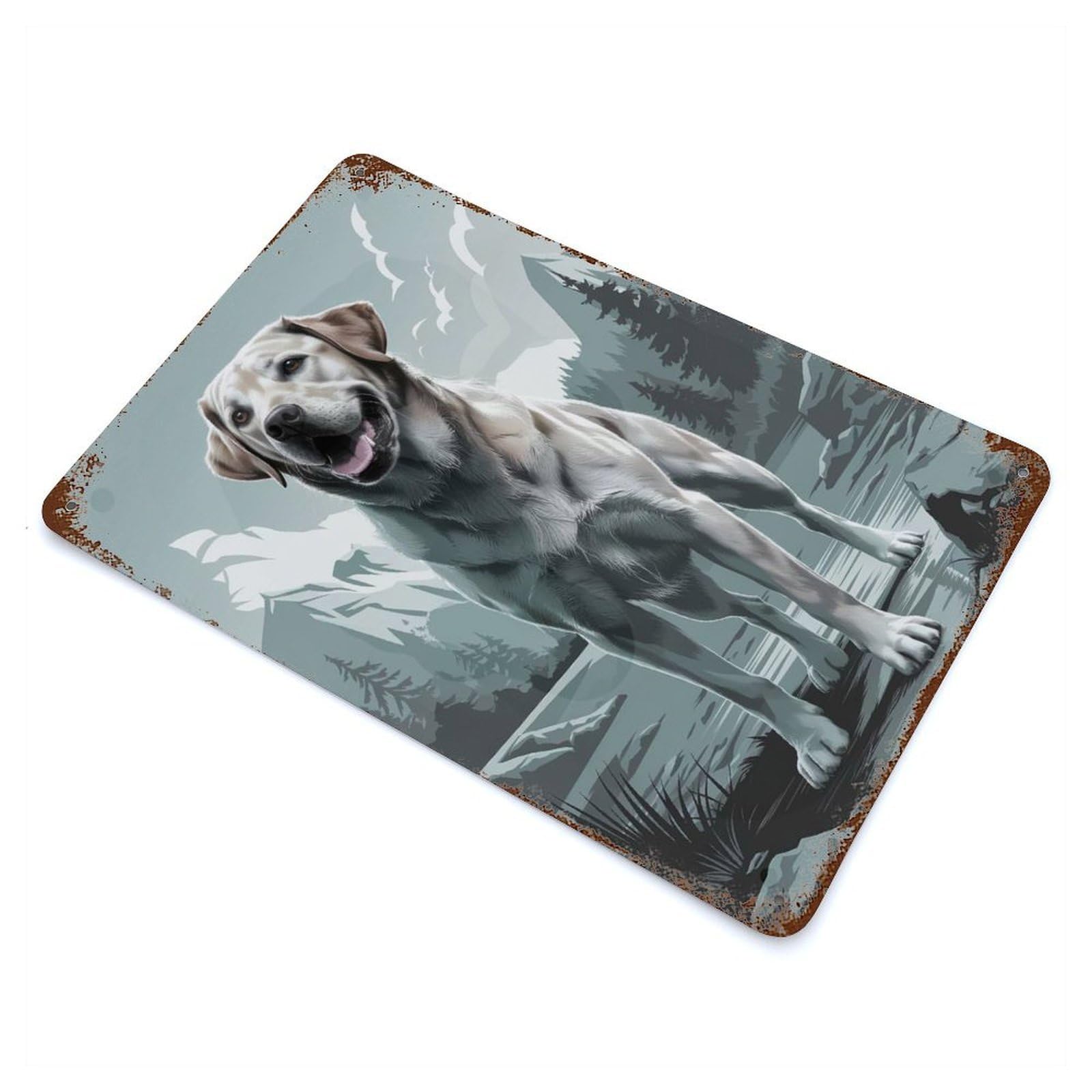 Garage Style Labrador Retriever in Mountain Landscape Aged Metal Wall Plaque 11.8"x7.9", Decorative Metal Wall Art for Bar And Workshop