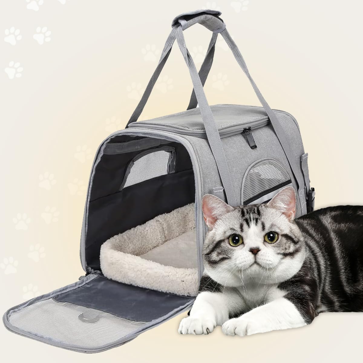 Bolsa Transportin Gato,5KG Transportín Perro Gato, Aprobada por la Aerolínea,Plegable Transportin para Gatos,Transportadora Gatos con Bandolera Desmontable para Gatos für Katzen Kleine,Gris,M