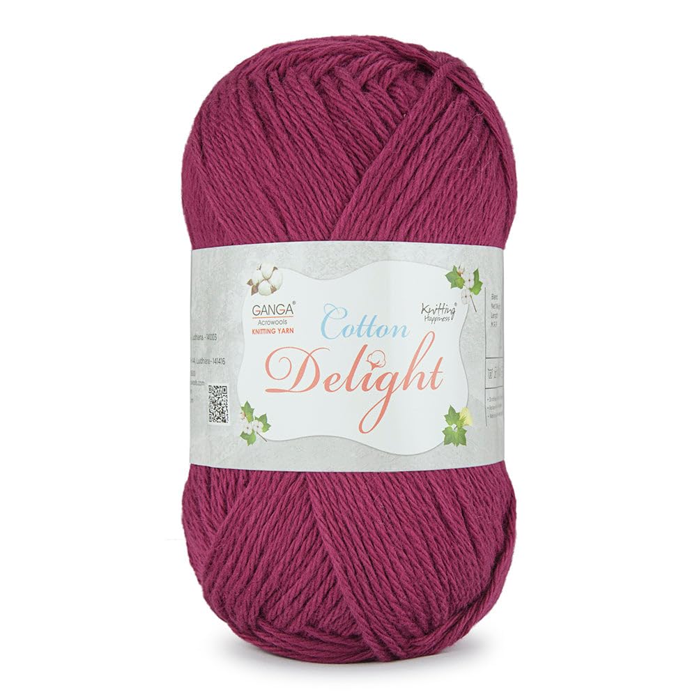 Ganga Acrowools Cotton Delight, Dk Weight Cotton Yarn, Oekotex Class L Certified 100G, 169M, Pack of 1 Ball - 100gm Each, Shade No. - COD035 - Rouge