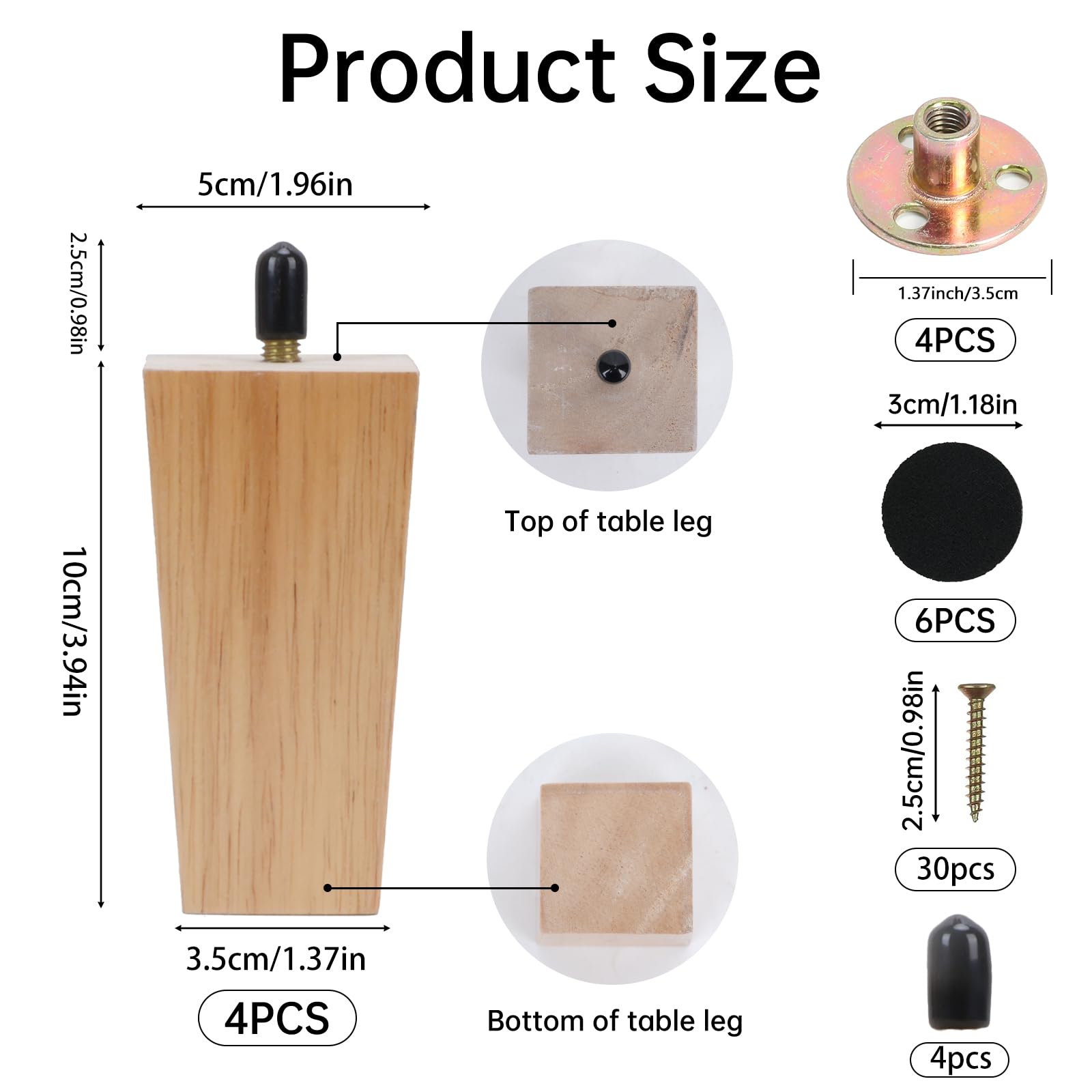 4 Pcs Patas para Muebles de Madera 10 cm Patas de Madera para Muebles Cuadradas Macizas Patás de sofá de Repuesto con placa de montaje,almohadilla antideslizante,tornillo,para mesa,cama,Armario