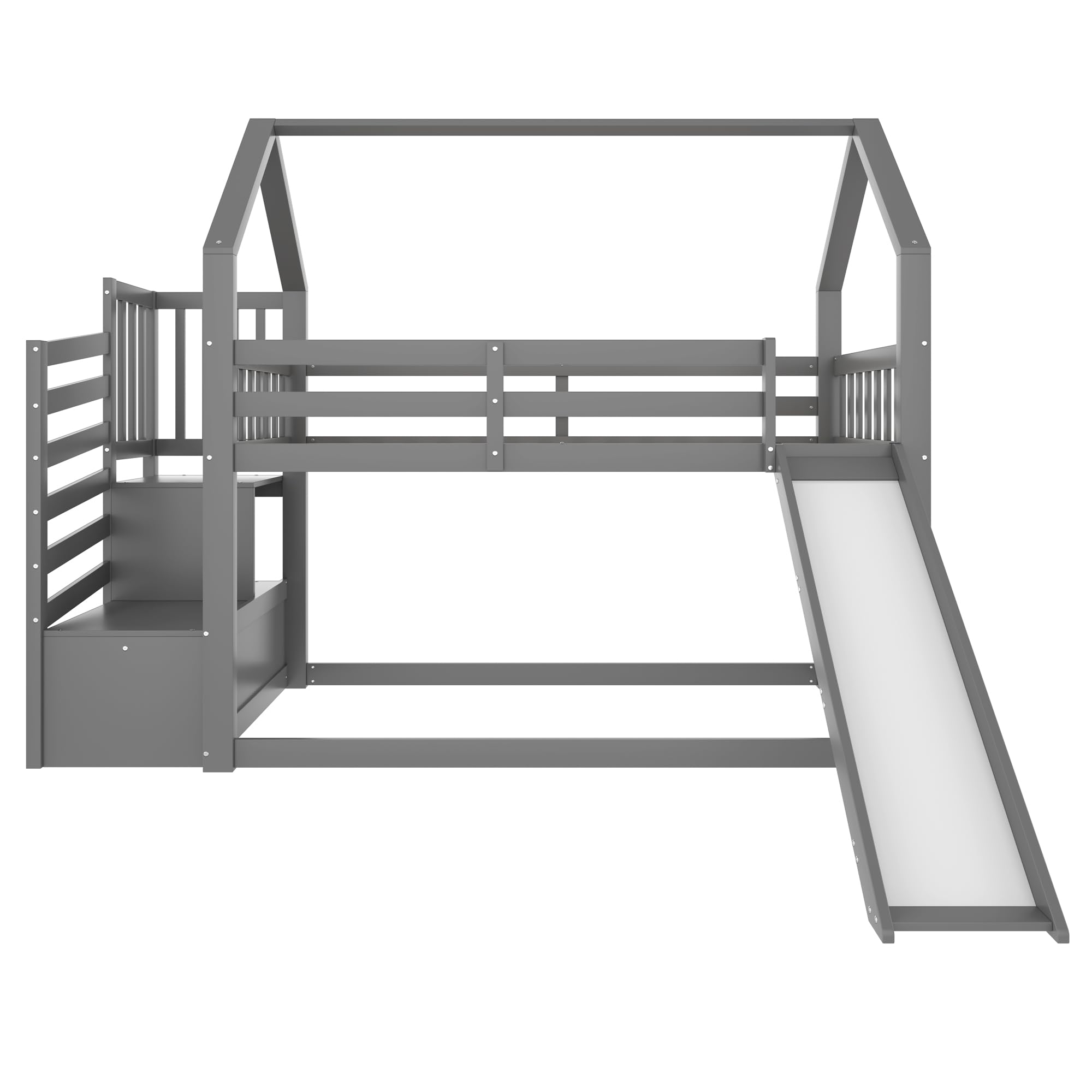 Etagenbett mit Stauraumtreppe und Rutsche, Hausbett(Ohne Matratze), Kinderbett mit Geländer, geeignet für Kinder, Jugendliche (Grau, 90X200cm)