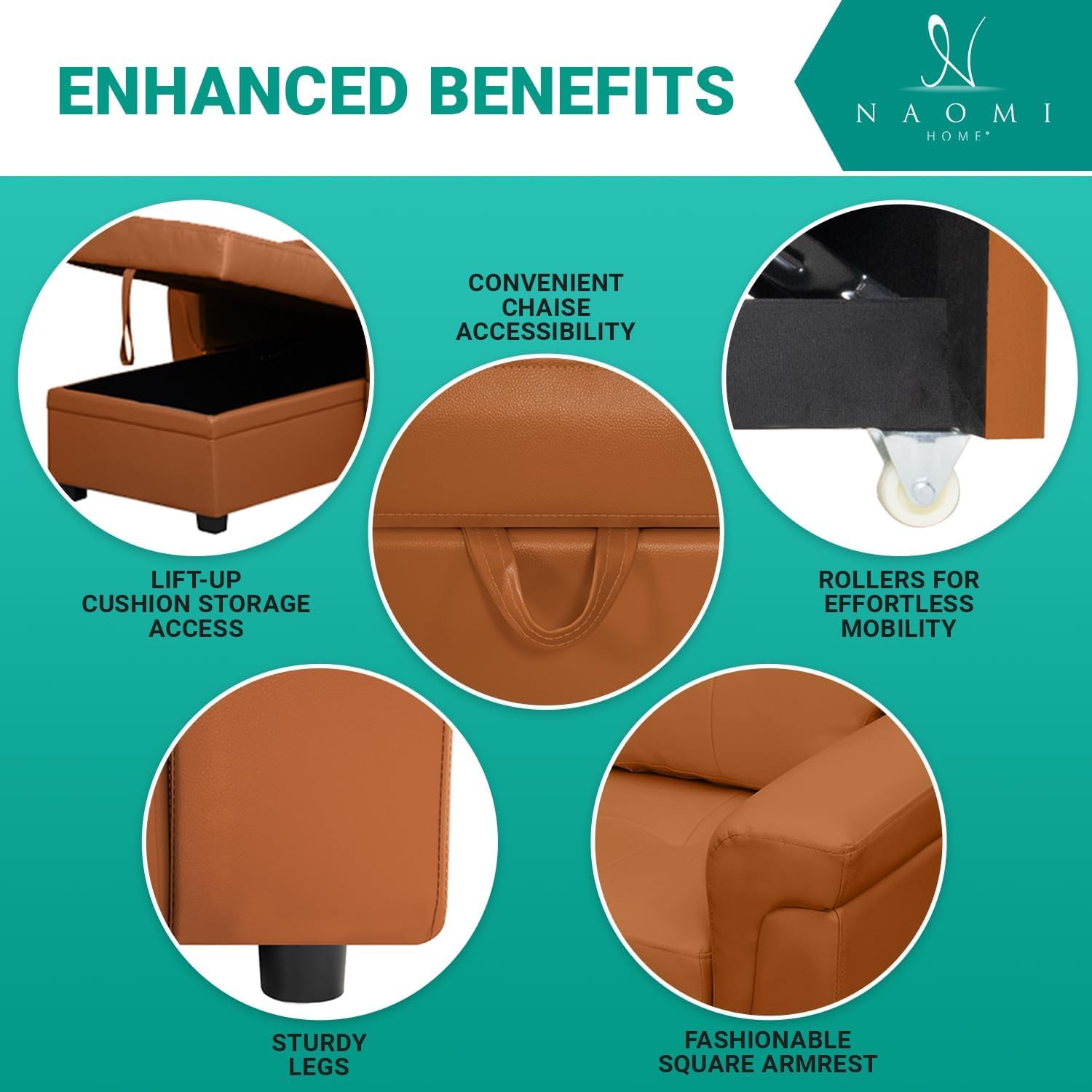 Image showing the Naomi Home sectional sofa in three configurations: L-shaped couch, lounge, and sleeper bed.