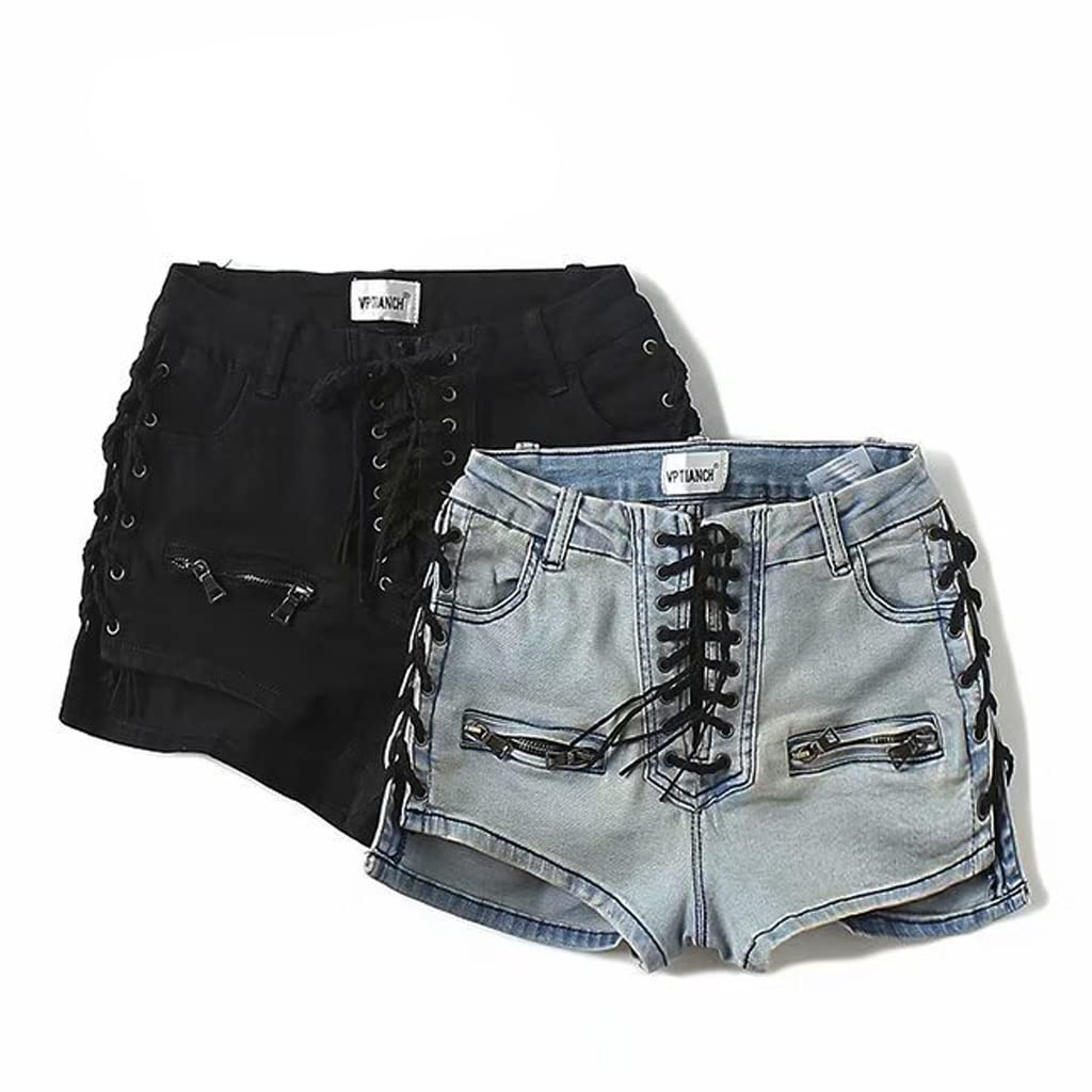 JJJ GCX- Lato Nowa Moda Damska Nostalgiczna Retro Ciężkie Przemysłowe Paski Boczne Sprane Spodenki Jeansowe Seksowne (Kolor: Czarny, Rozmiar: L)