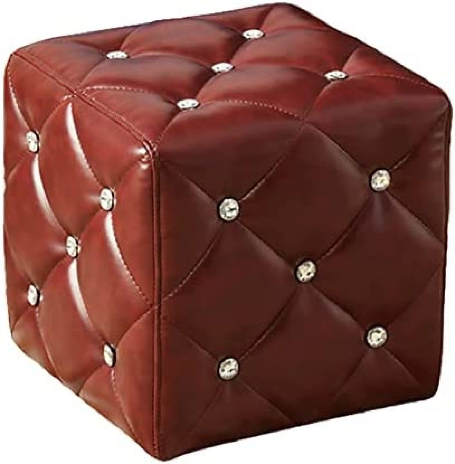Ottoman en cuir rouge vin 35cm avec boutons en cristal | Petit tabouret de canapé moderne