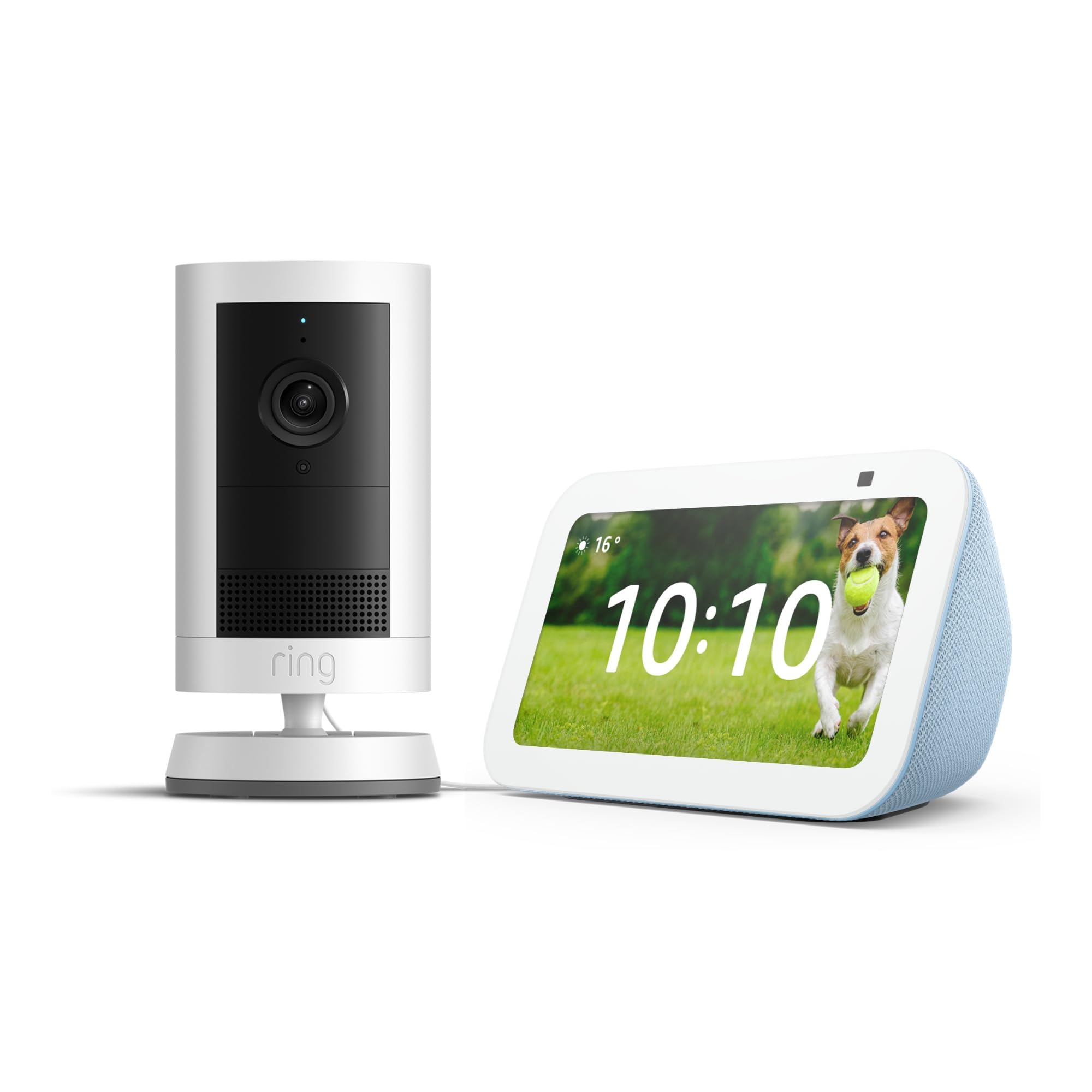 Echo Show 5 (Última generación), Gris azulado + Ring Cámara exterior Plus con batería, Blanco, ve tu cámara en el Echo Show, con Acceso Anticipado a Alexa+