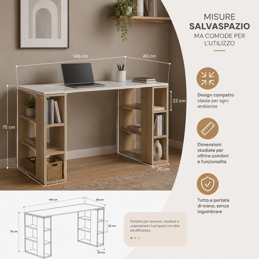 BAKAJI Scrivania con Doppia Libreria 6 Ripiani Tavolo da Lavoro Porta PC Computer Struttura e Piano in Legno MDF Arredamento Casa Ufficio Cameretta Design Moderno 140 x 60 x 75 cm, Quercia