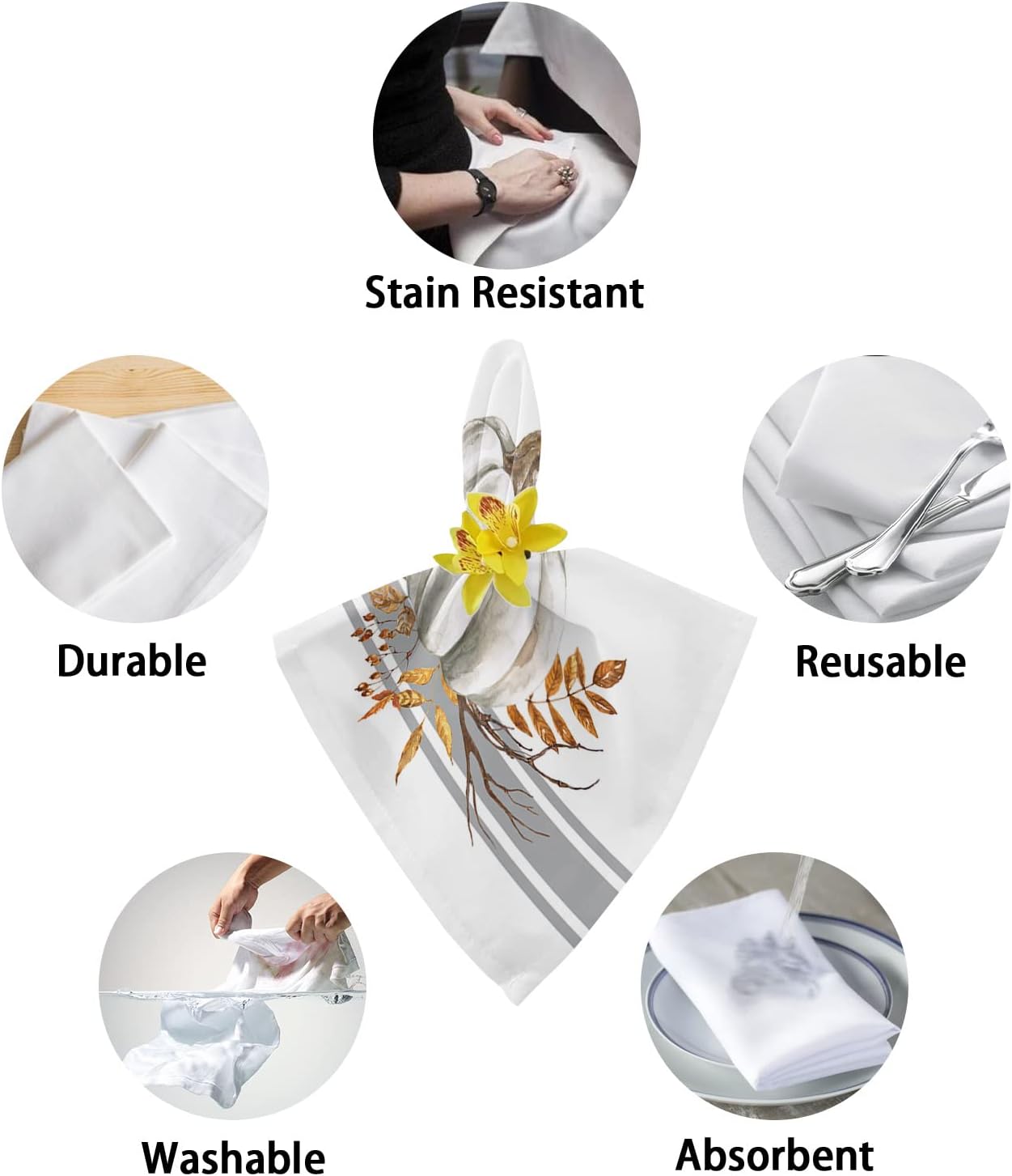 Fall Napkins 20 x 20 Inch Set of 8 White Pumpkin Leaf Branch Reusable Washable Thanksgiving Cloth Napkins Gray Stripes Hand Towels for Picnic Party Table Decorations