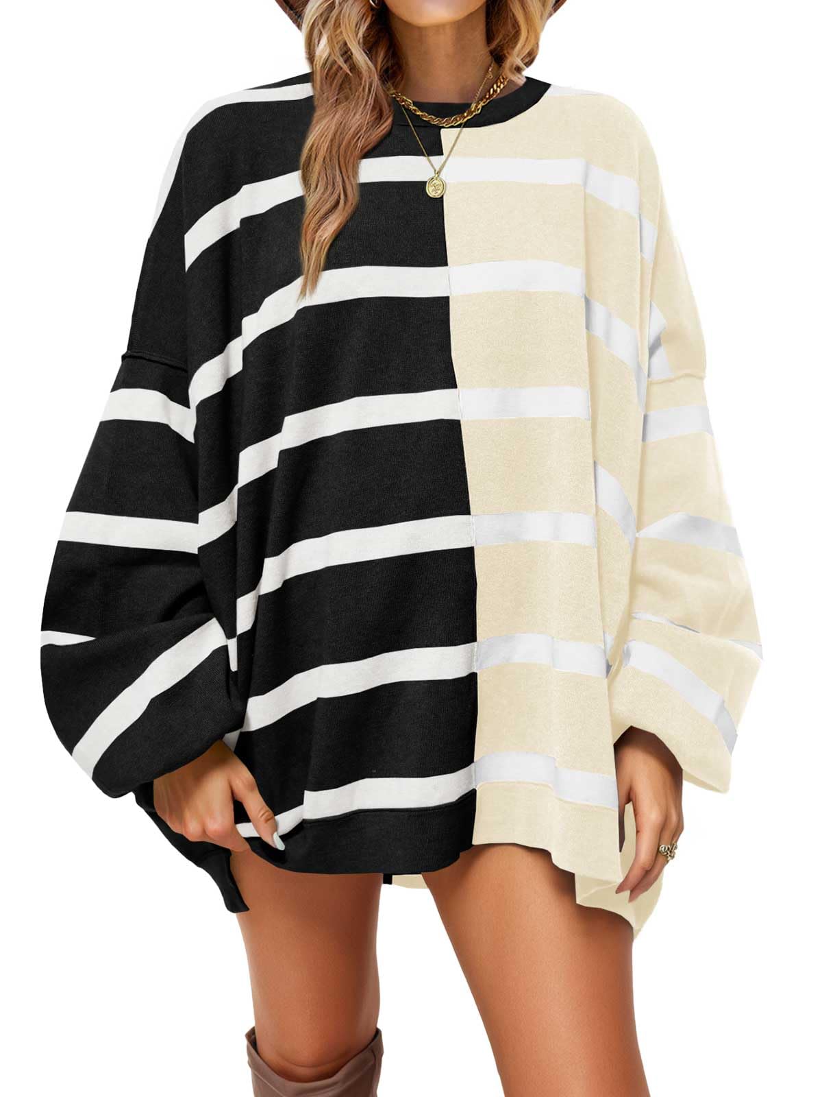 Fisoew Womens Striped Pullover Sweater Crew Neck Long Sleeve Knitted Color Block Casual Loose Lightweight Sweaters for Women