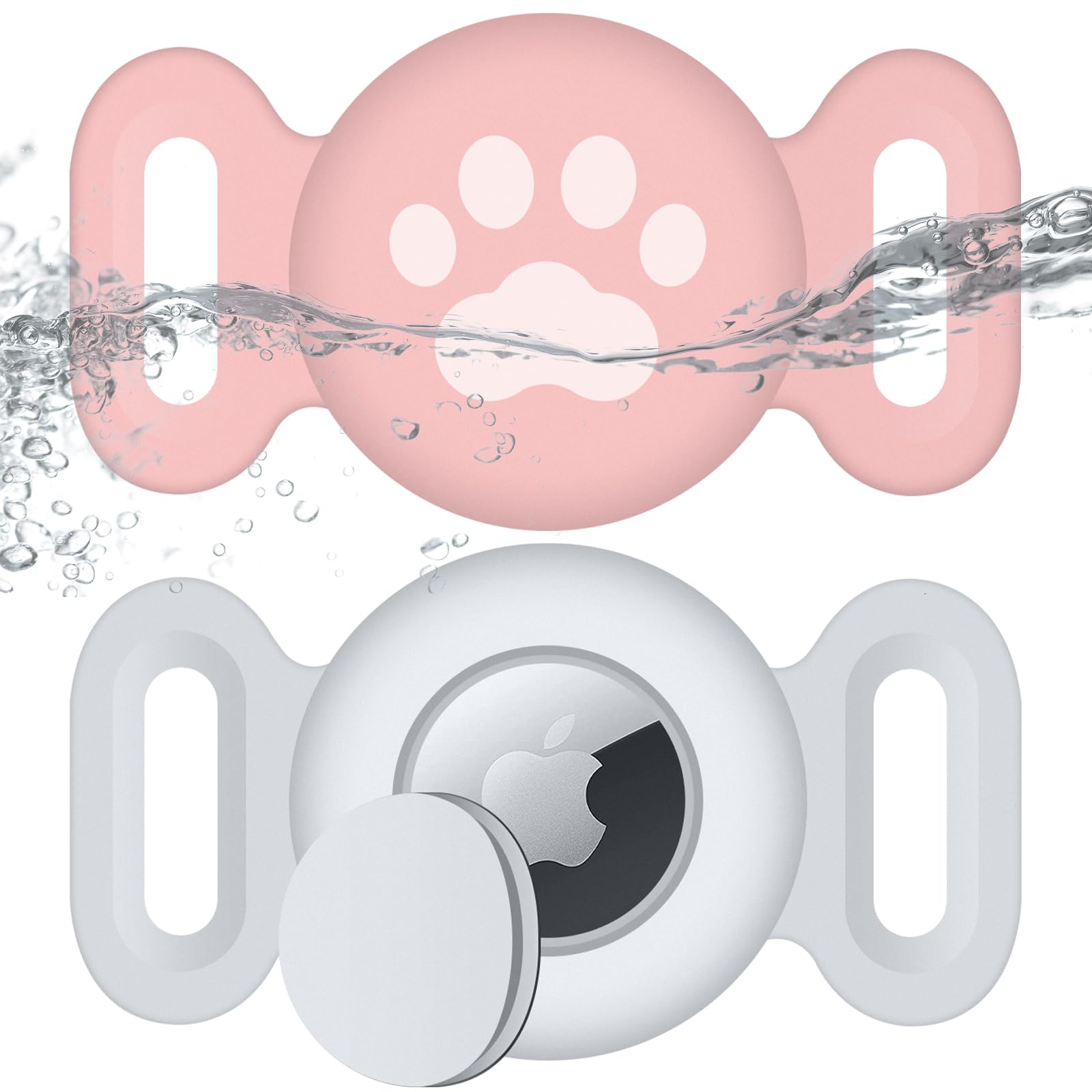 Waterproof Collar Holder Compatible with Airtag (2 Pack), Protective Anti-Lost Case for GPS Tracker, Silicone Collar Holder for Pets (Pink/White)