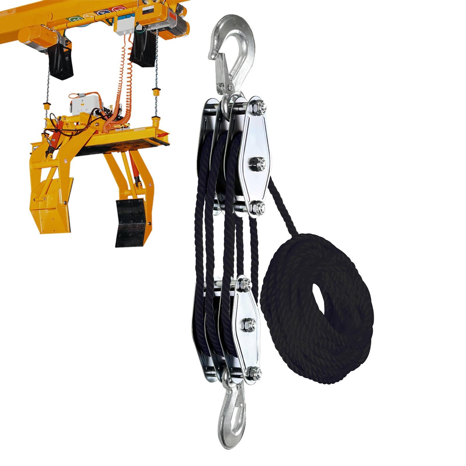 Block- und Tackle Seilzugsystem, 15 m, 3/8 Seilzug mit 5:1 Hubkraft, strapazierfähig, 1000 kg Bruchfestigkeit, multifunktionales Seilzugsystem für Tierhaltung
