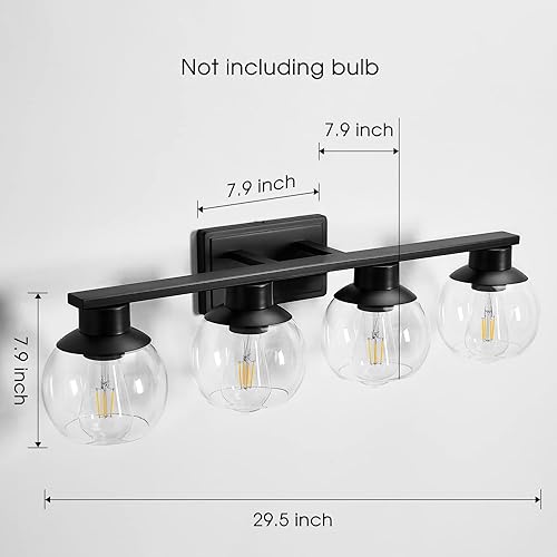 Miniatura 3 de PAZALA Lámpara de tocador de baño de 4 luces, accesorios de iluminación modernos para baño con pantalla de vidrio de globo, aplique de pared negro