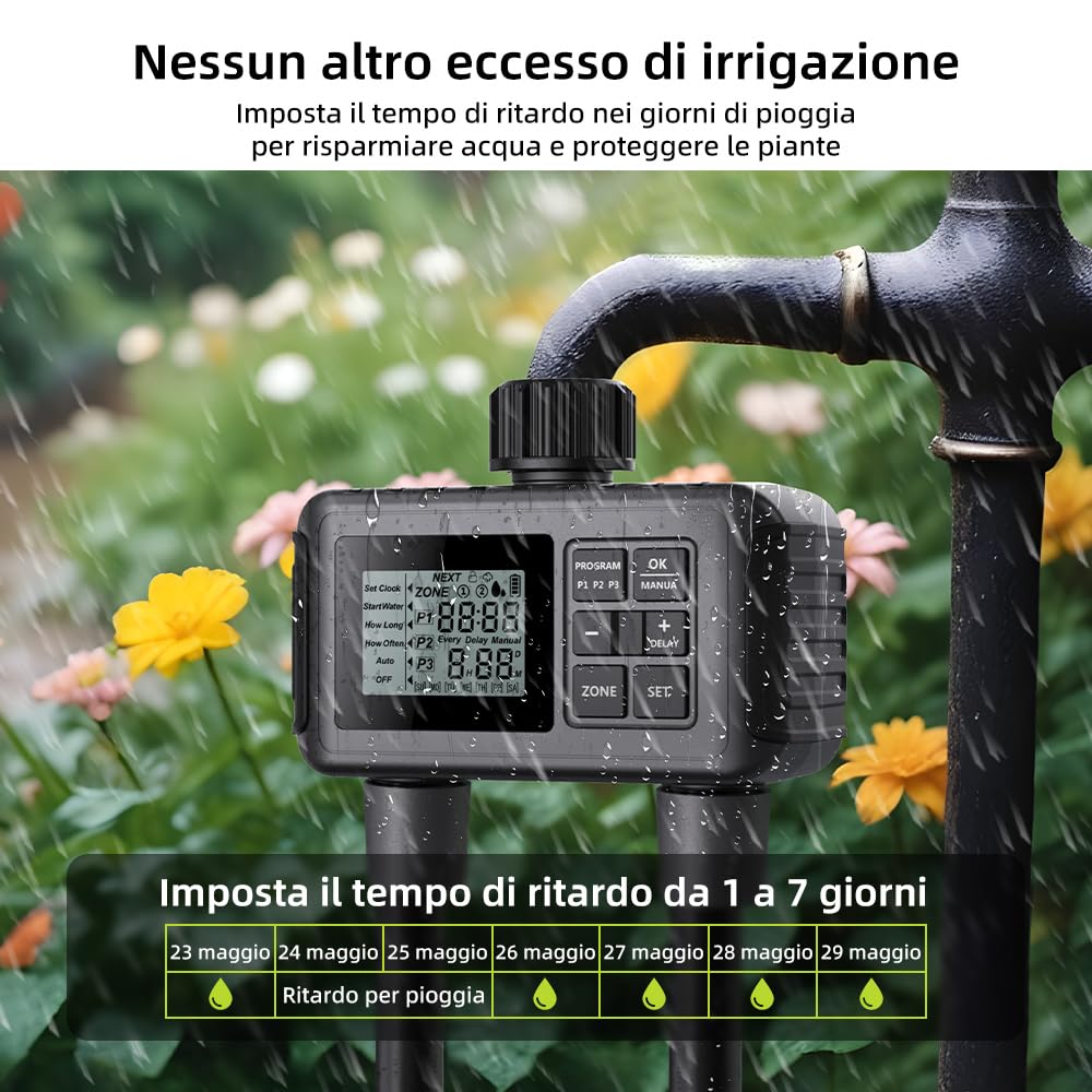 Uzoli Centralina irrigazione 2 vie, Timer irrigazione automatico a batteria