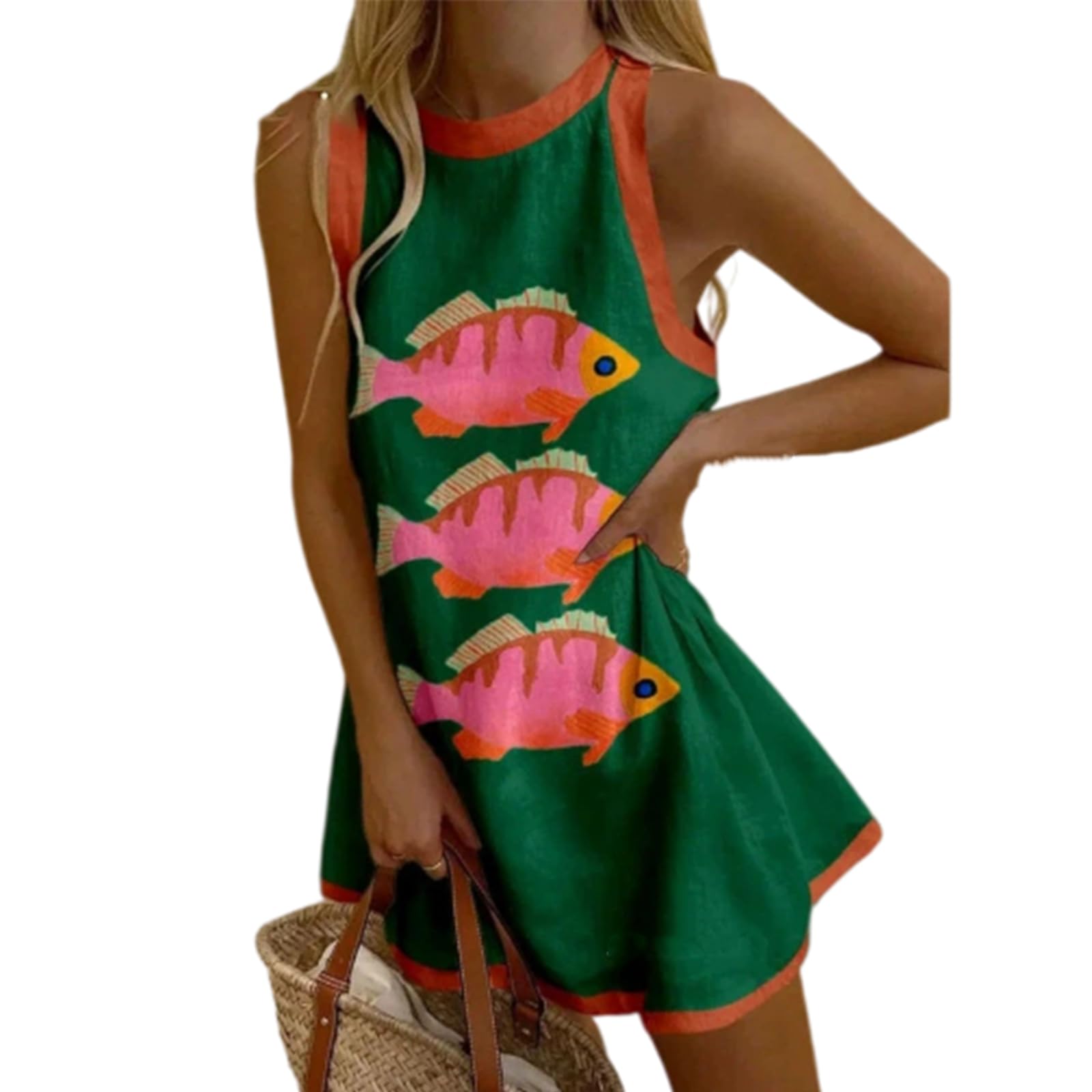 QingxingFa Sardine Print Dress for Women, Sleeveless Mini Tank Dress Casual Loose A Line Beach Vacation Sundress (A,L)