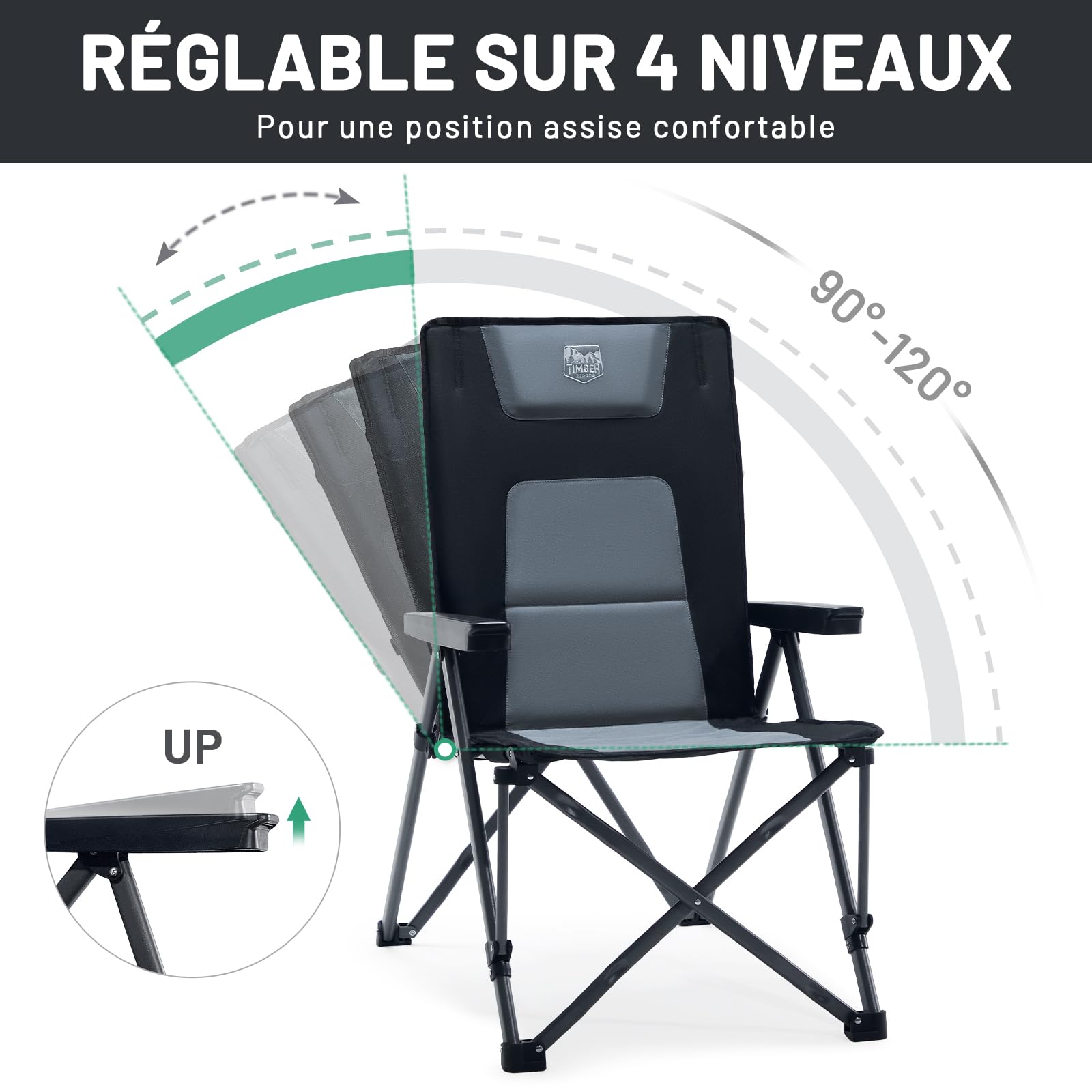 TIMBER RIDGE Chaise de Camping Pliante Réglable 4 Positions Charge 260kg | Fauteuil pliable dossier réglable 4 positions, avec accoudoirs confortables, charge max. 260kg pour camping, jardin et pêche