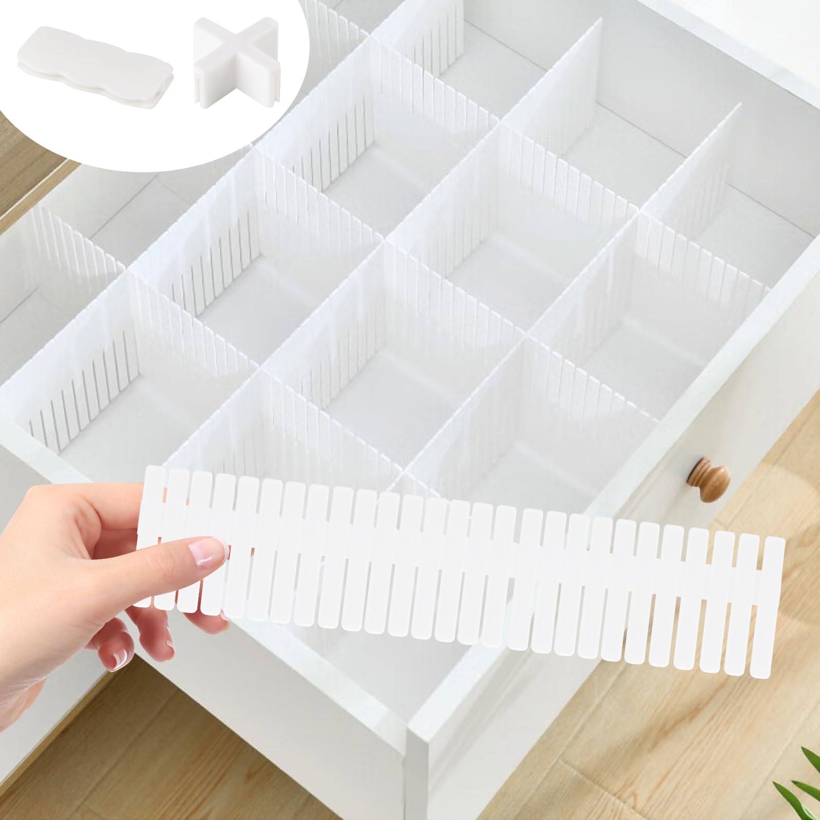 Melldrry Separatori per Cassetti, 24 Pezzi Divisori per Cassetti Regolabili 32x7cm, Organizzatore per Cassetti in Plastica, per Ufficio, Cucina o Camera da Letto (Bianco
