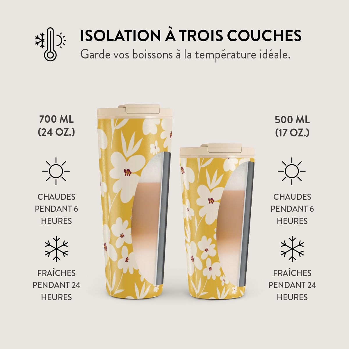 BURGA Gobelet de Voyage 700 ml – Gobelet Isotherme en Acier Inoxydable, garde les boissons chaudes 6 h et froides 24 h, couvercle rabattable étanche, compatible porte-gobelets
