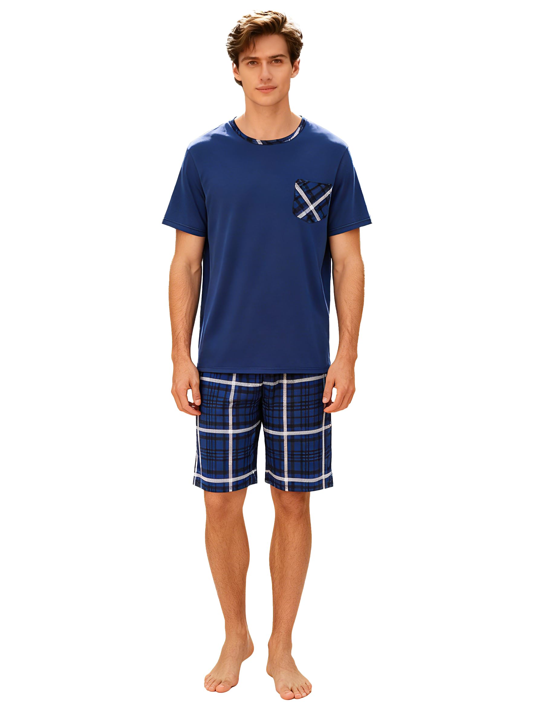 G.n Dreamer Men's Blue Pyjamas Shorts Set Cotton Crew Neck Pyjama Top Plaid Shorts Summer Loungewear Nightwear Soft Short Sleeve Pjs Sets