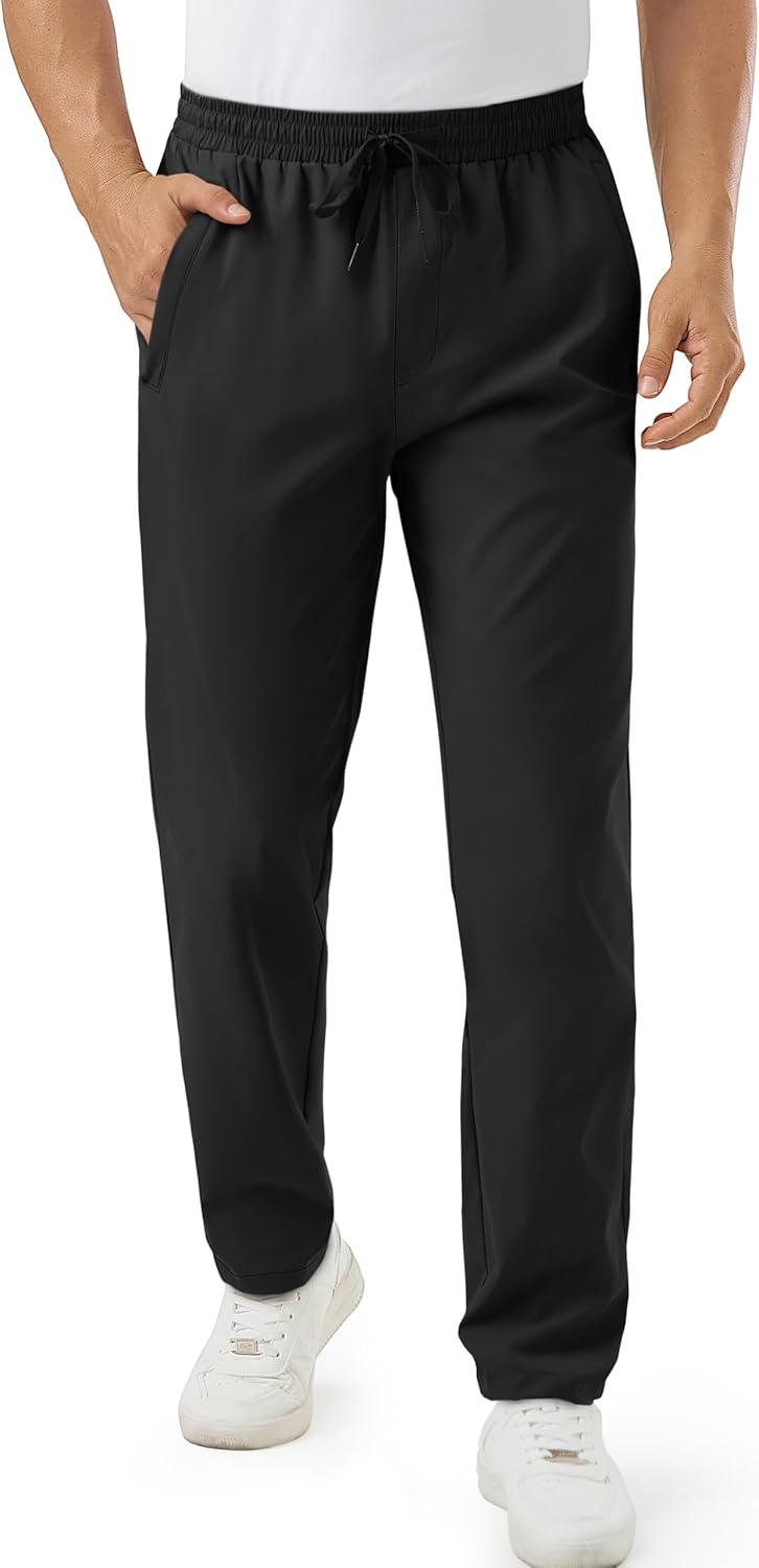 TACVASEN Men's Casual Chinos Pants Elastic Waist Drawstring Zipper Pockets Lightweight Outdoor Summer Twill Trousers