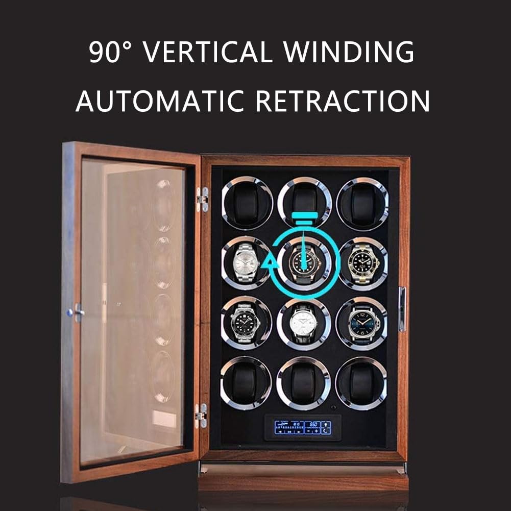 Relojero Automatico, Bobinadora de Relojes Madera Maciza de Nogal Negro 12 Winding Slots | Vertical con Reinicio Automático Totalmente Antimagnético Ultrasilencioso con Iluminación Ambiental Led
