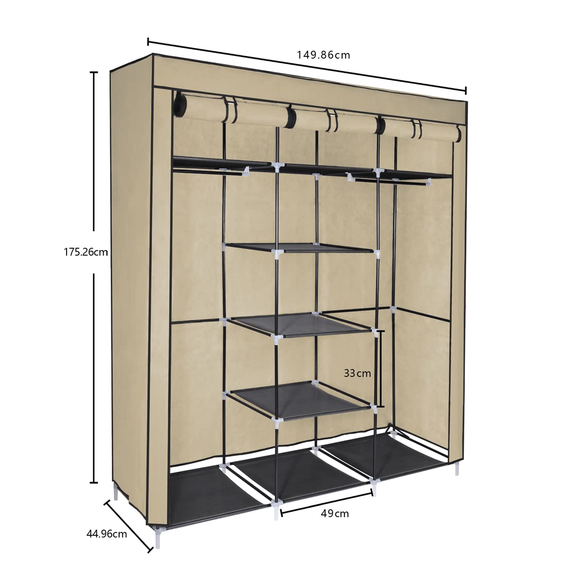 T-LOVENDO.ES Armario de Tela ropero estantería con Cremallera Plegable Modular portátil Grande 175 x 150 x 45 cm. Tubos de Acero para Perchas. Varios estantes Robusto y Estable. Beige