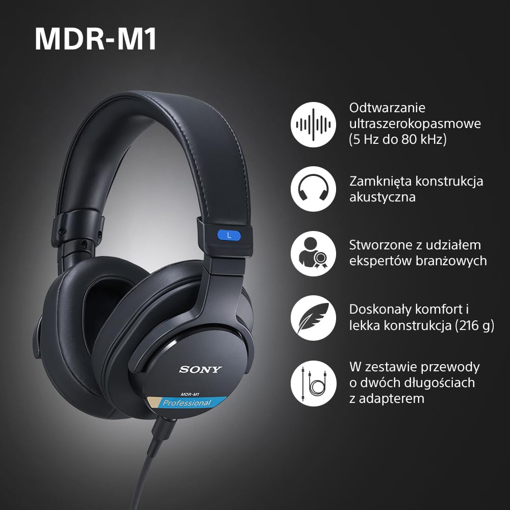 Sony Mdr-M1 Słuchawki Studyjne Zamknięte, Przewodowe, Szerokopasmowe (5 Hz–80 Khz), Optymalne Do Nagrywania i Miksowania w Studio, Lekkie (216G), w Zestawie 2 Optymalnej Klasy Odłączane Kable, Czarne