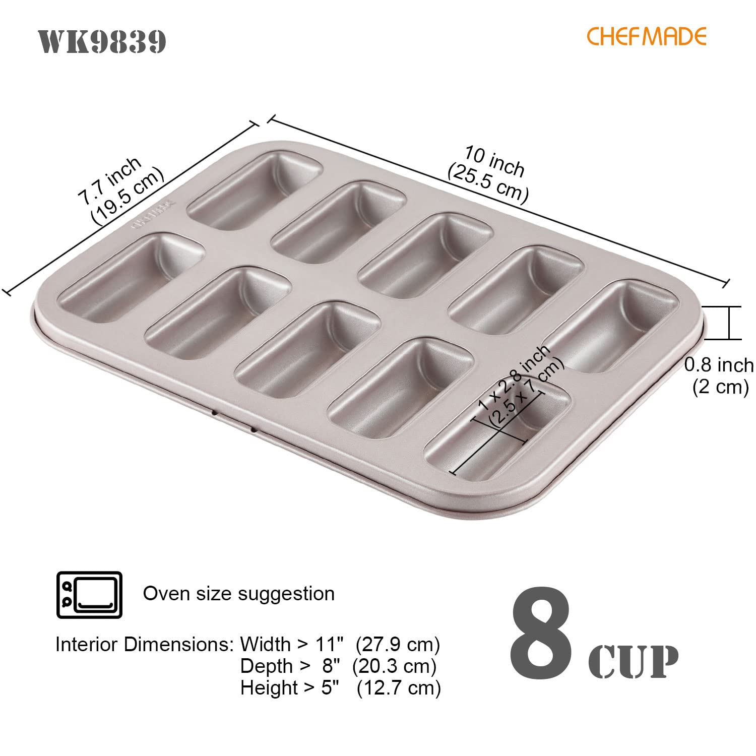 CHEFMADE Financier Cake Pan, 10-Cavity Non-Stick Rectangle Muffin Pan Biscuits Cookies Bakeware for Oven Baking (Champagne Gold) - Image 2