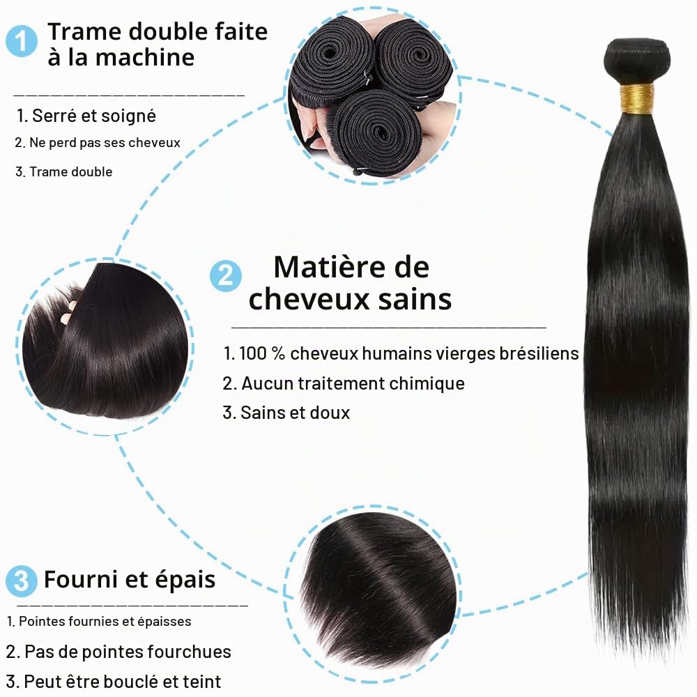 Tissage Naturel Cheveux Humain en lot 3 Bundles Human Hair Mèches Tissage Brésilien Straight Double Weft Naturelle Couleur 14 16 18 Pouces(Total 210g)