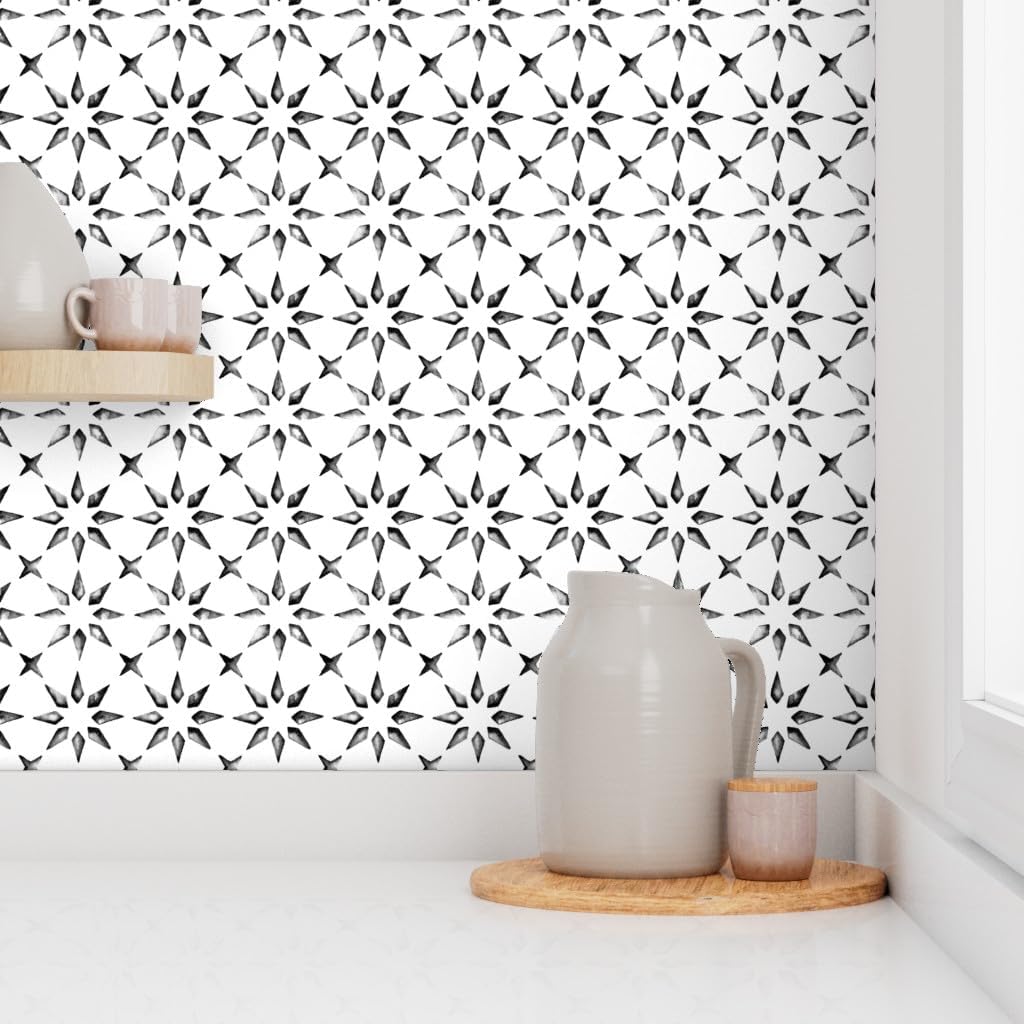 Peel & Stick Wallpaper 3ft x 2ft - Watercolor Tile Moroccan Black White Custom Removable Wallpaper by Spoonflower