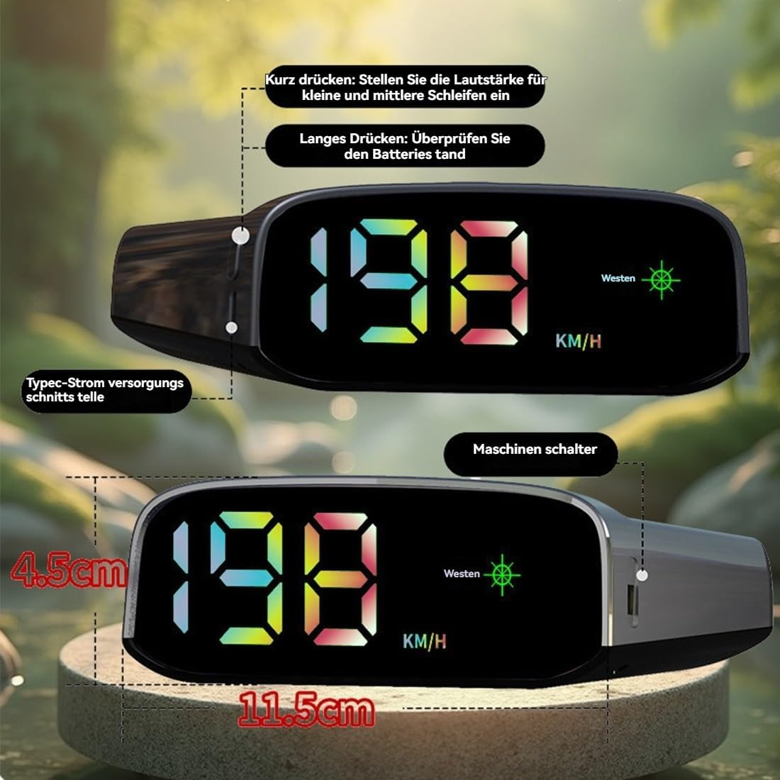 Tachimetro ad energia solare per auto, con GPS, schermo LED, solare e USB-C, punto preciso, Plug Play (3 pezzi)