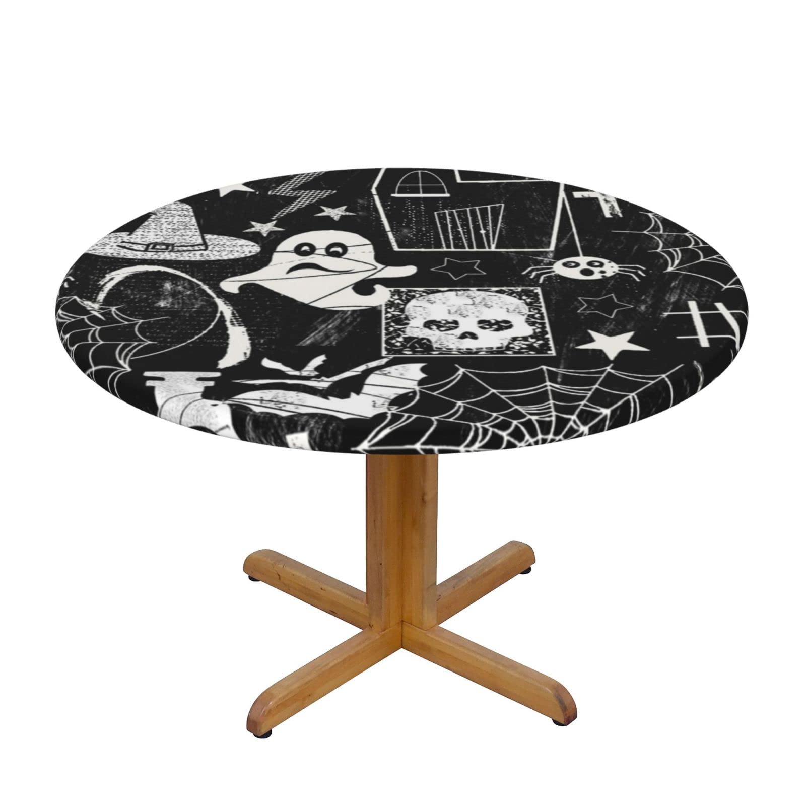 Lsjuee Round Fitted Tablecloth 40-44in Elastic Edged Table Cloth for Kitchen Dining Party Home Decor - Dark Halloween