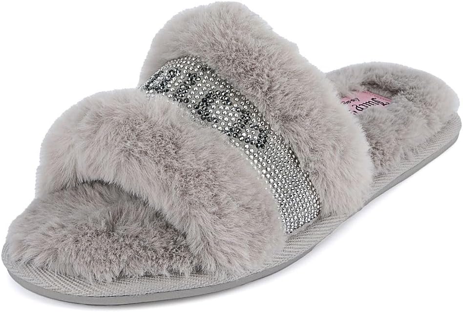 Juicy Couture Women's Plush Faux Fur Slippers – Cozy Open-Toe Slides, Soft Indoor/Outdoor House Shoes