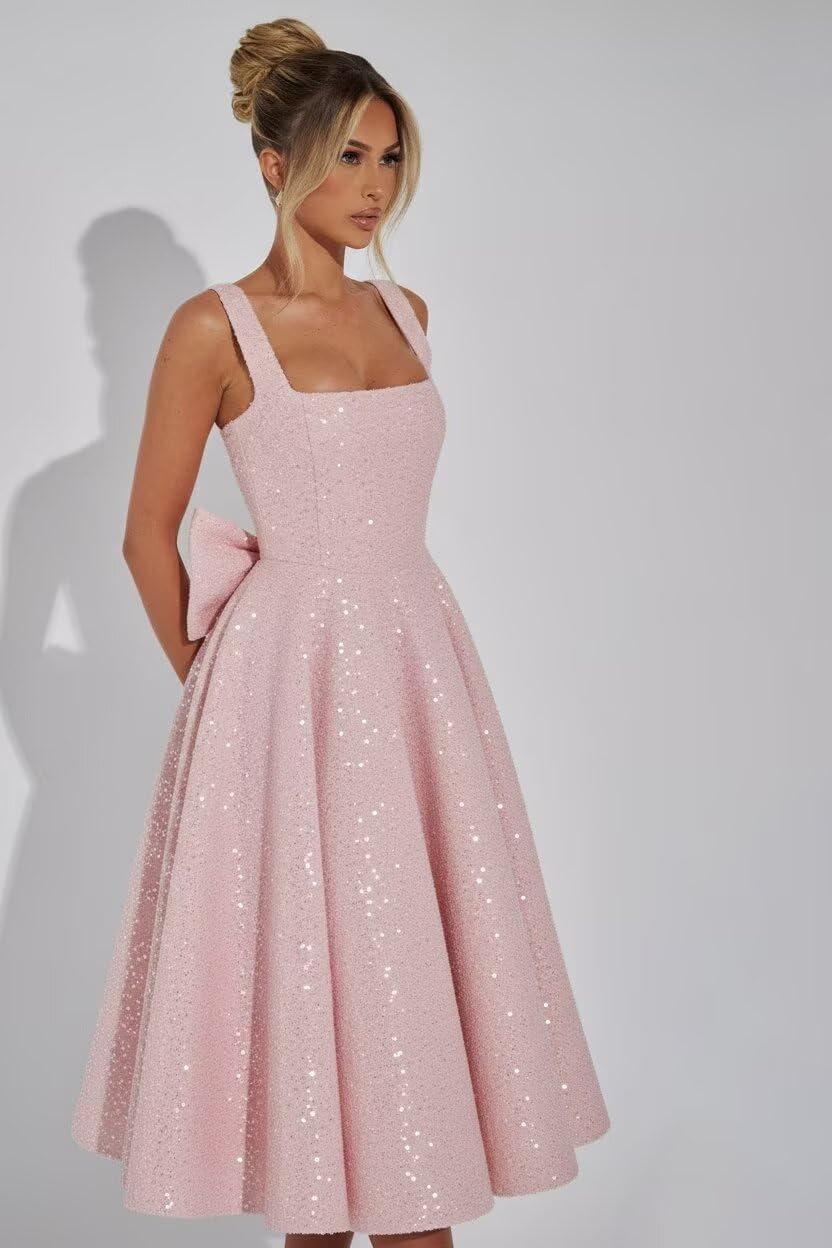 Cudiew Sparkly Sequin Prom Dresses for Teens Square Neck Glitter Bodice Pleated A Line Formal Cocktail Party Dress Tea Length - Image 2