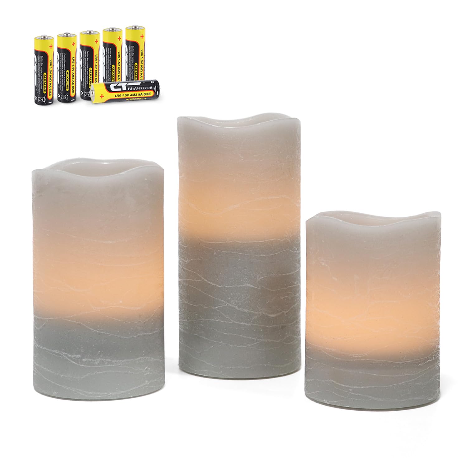 Rhytsing Gray Battery Operated Candle with Timer, Flameless Led Candle Gift Set, Warm White Light, Distressed Wax Finished, Batteries Included - Set of 3