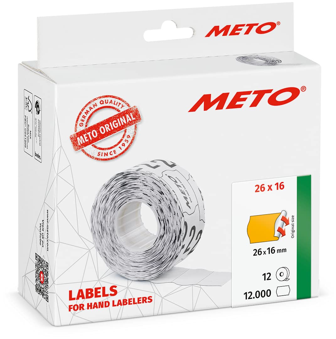 Meto Price Gun Labels (26×16 mm, Two-line, 12,000 Labels, Fluorescent Orange, Permanently Adhesive, for METO, Contact, Sato, Avery, Tovel, etc.)